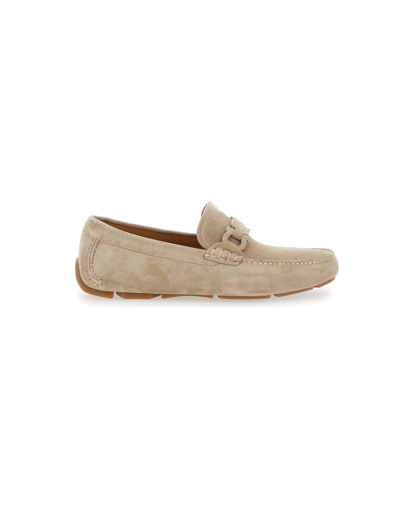 Ferragamo Beige Loafers With Ganicini Plaque On The Front In Suede Man - Beige