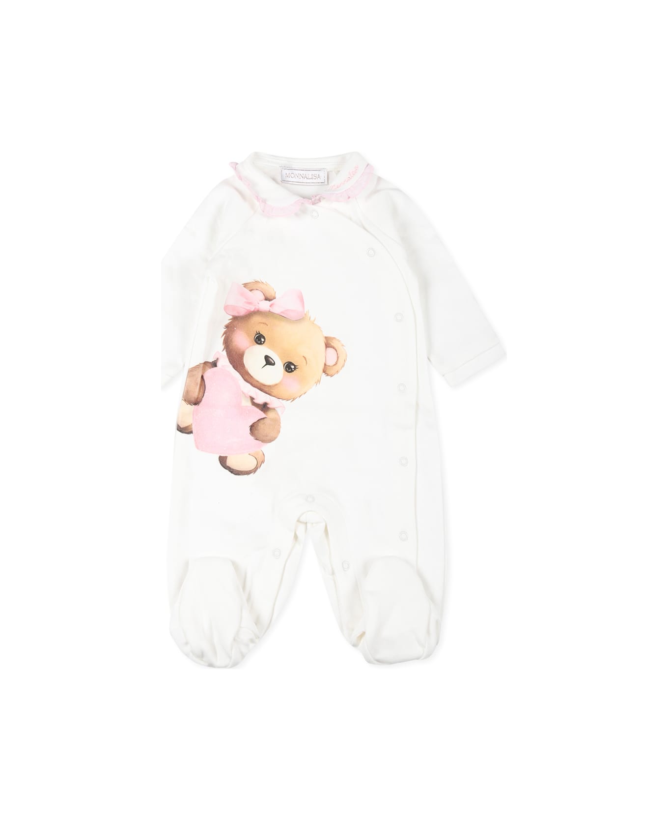 Monnalisa Ivory Babygrow Set For Baby Girl With Bear - Ivory