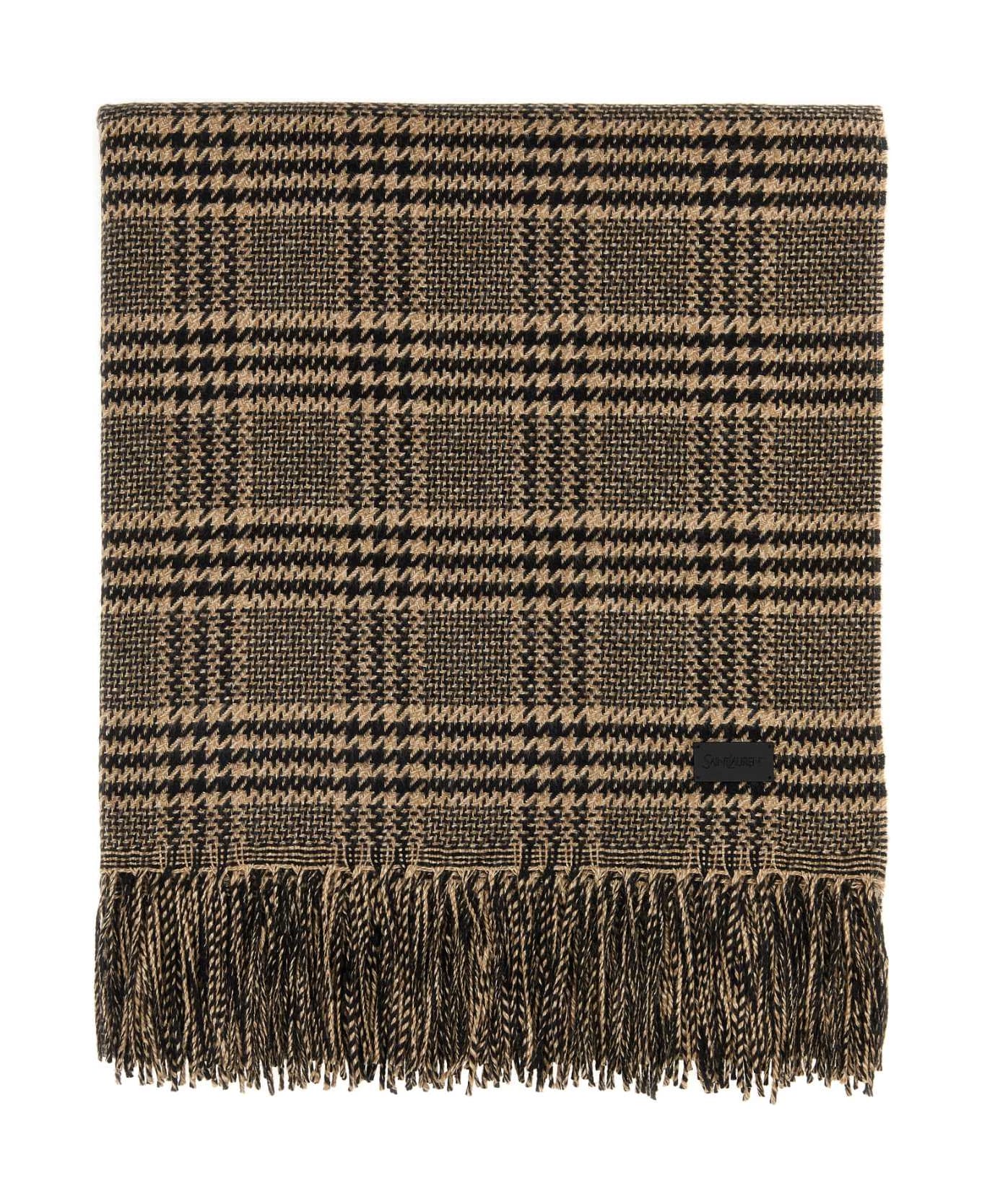 Saint Laurent Embroidered Silk Blend Scarf - BLACK/BEIGE スカーフ＆ストール