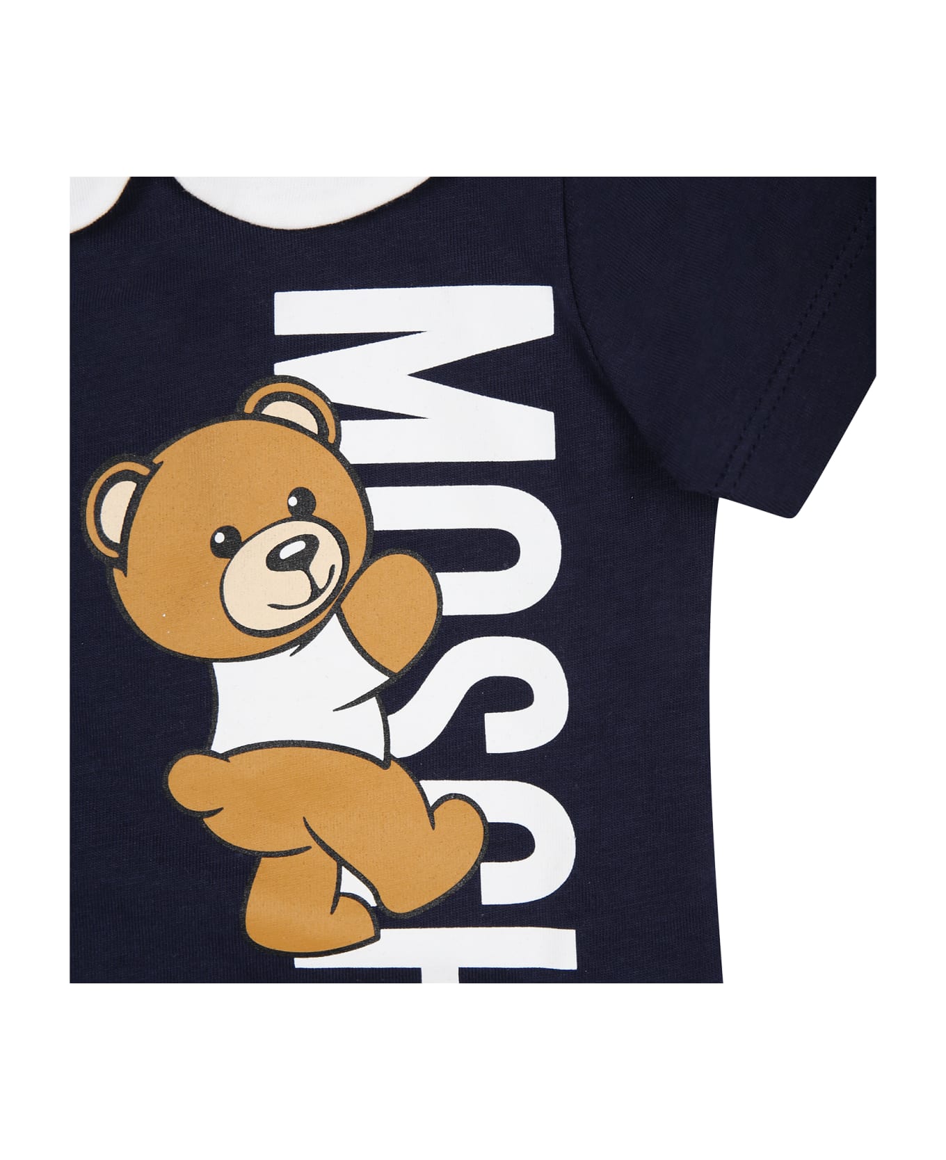Moschino Blue Baby Romper With Teddy Bear And Logo - Blue