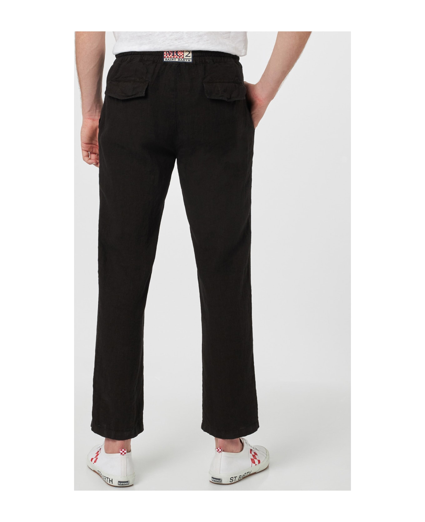 MC2 Saint Barth Man Black Linen Calais Pants With Drawstring - BLACK