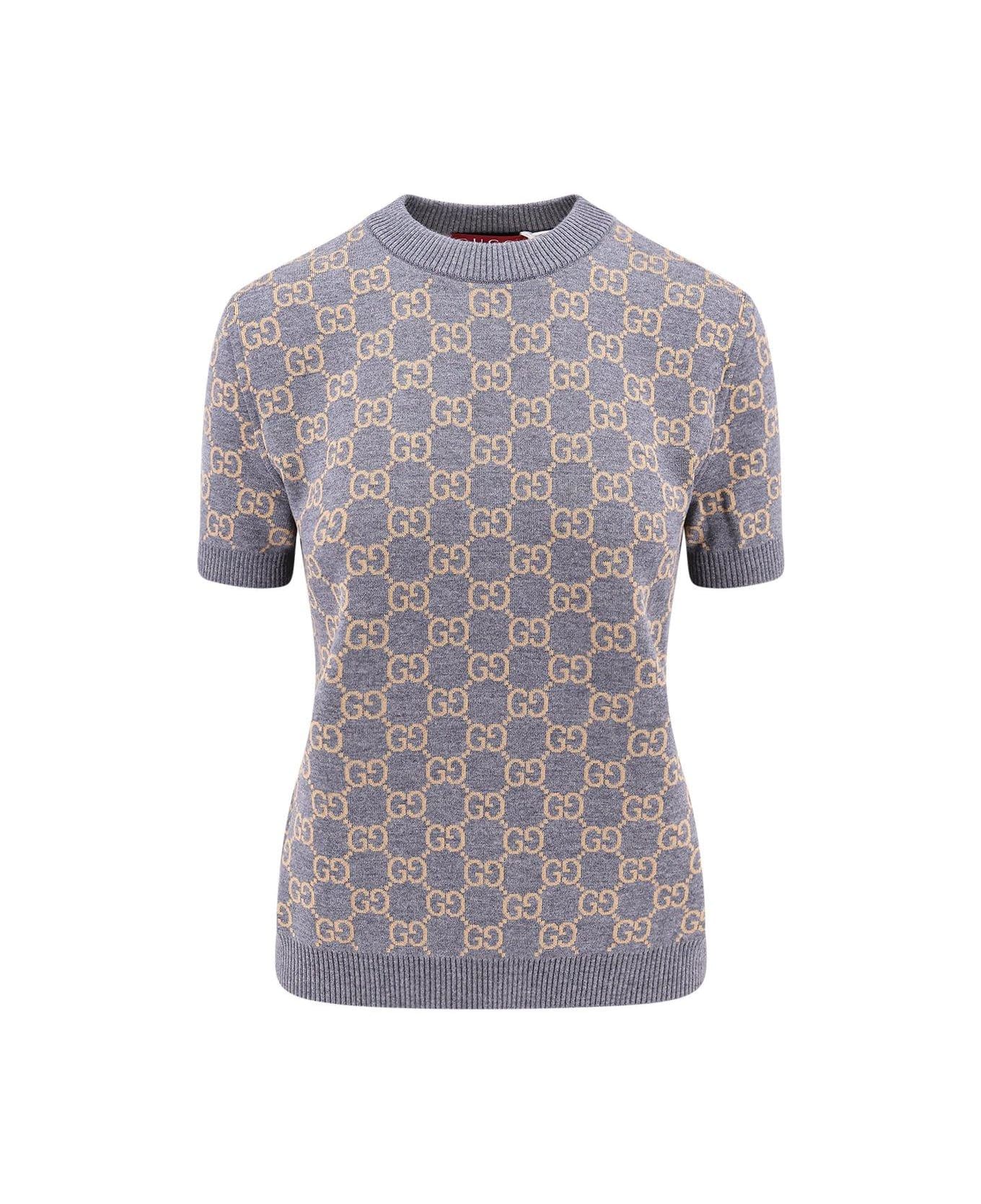 Gucci Monogrammed Intarsia Short-sleeve Sweater - Gray