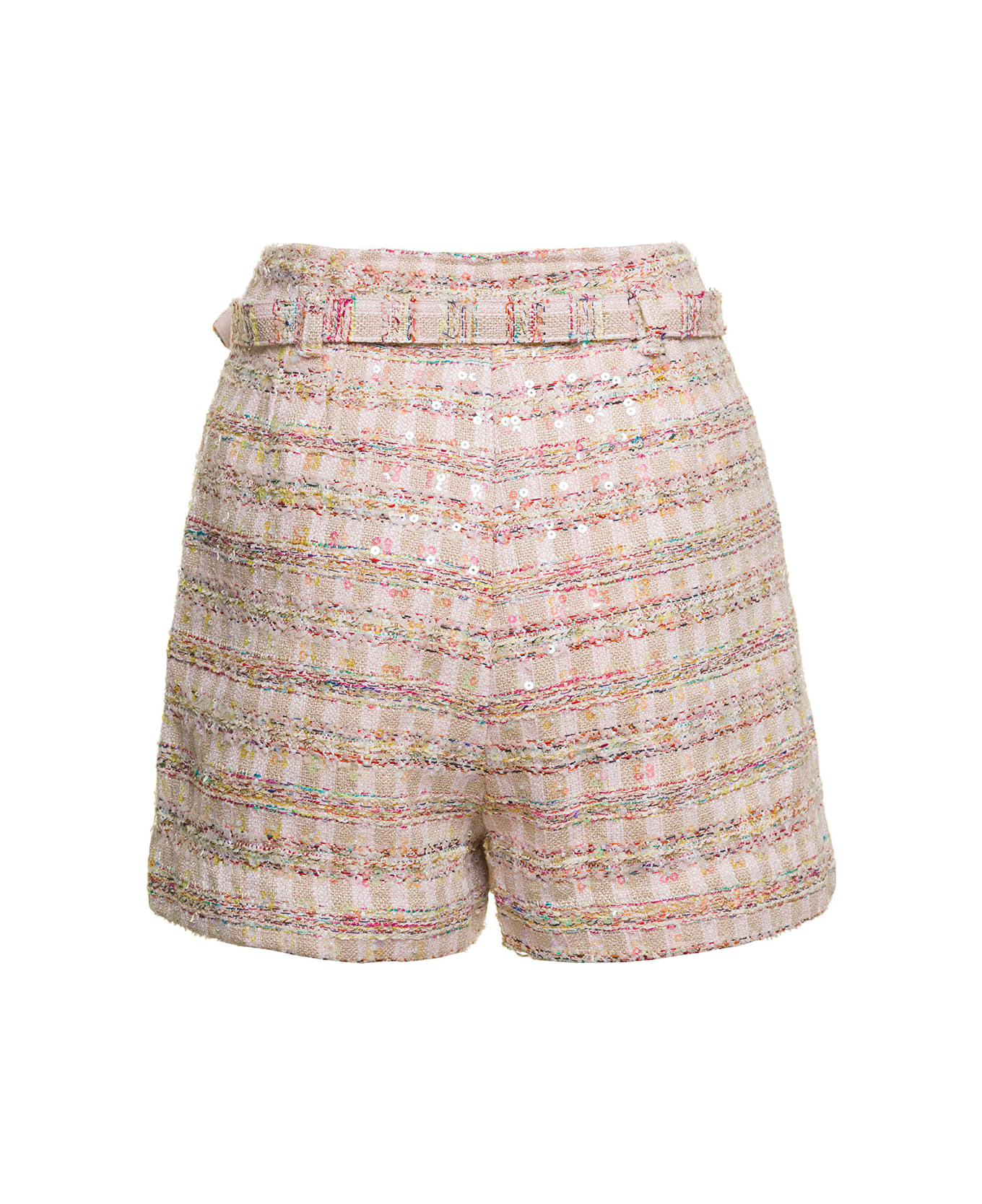 self-portrait Pink Shorts With Matching Belt And Paillettes In Tweed Woman - Pink ショートパンツ