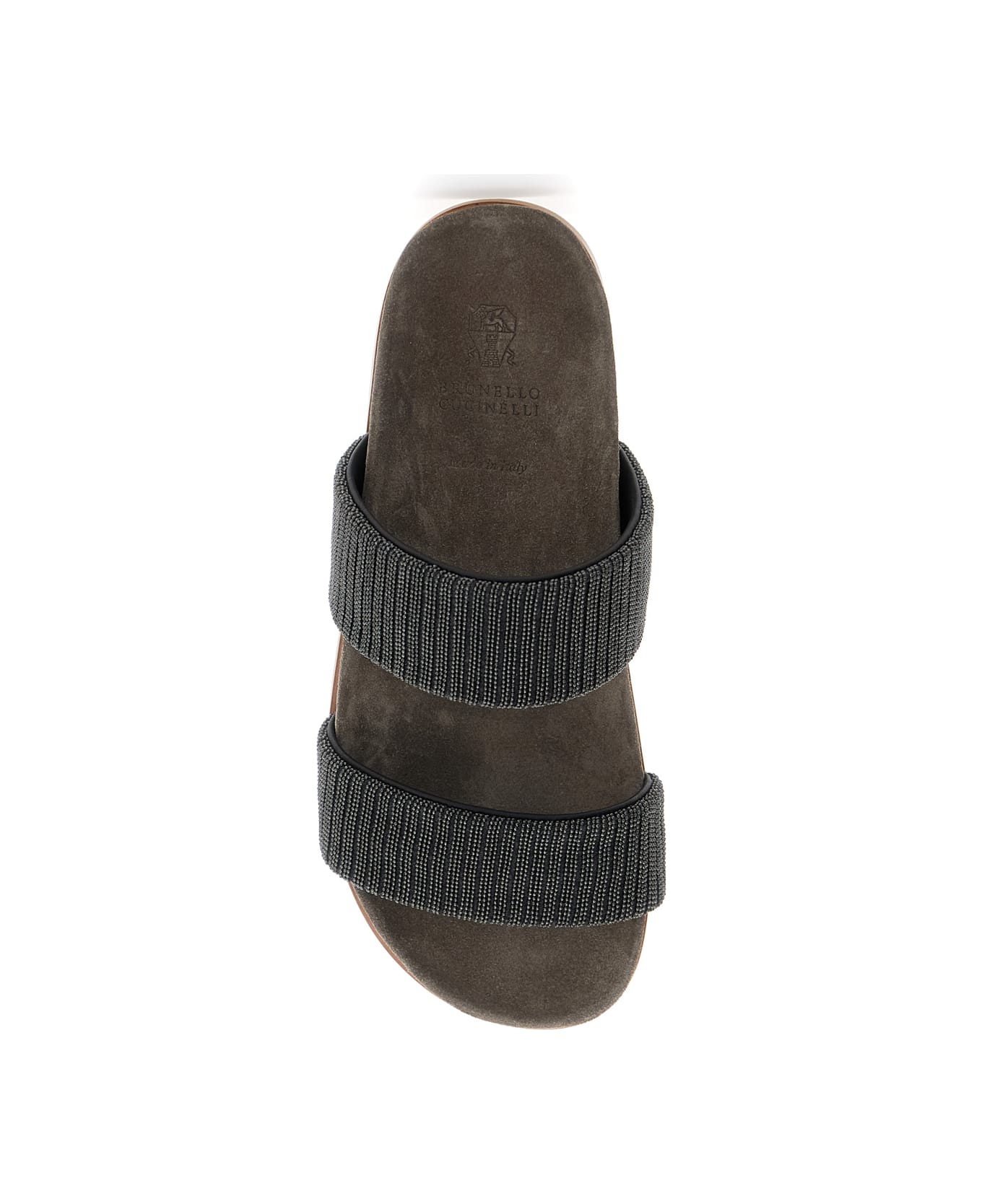 Brunello Cucinelli Grey Sandals With Monile Decoration And Round Open Toe In Suede And Cotton Woman - Brown