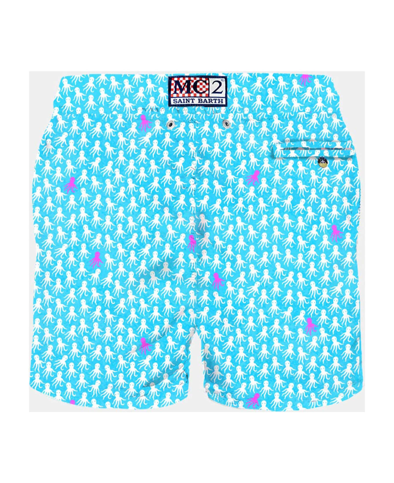 MC2 Saint Barth Man Light Fabric Swim Shorts With White And Fuchsia Octopus Print - SKY