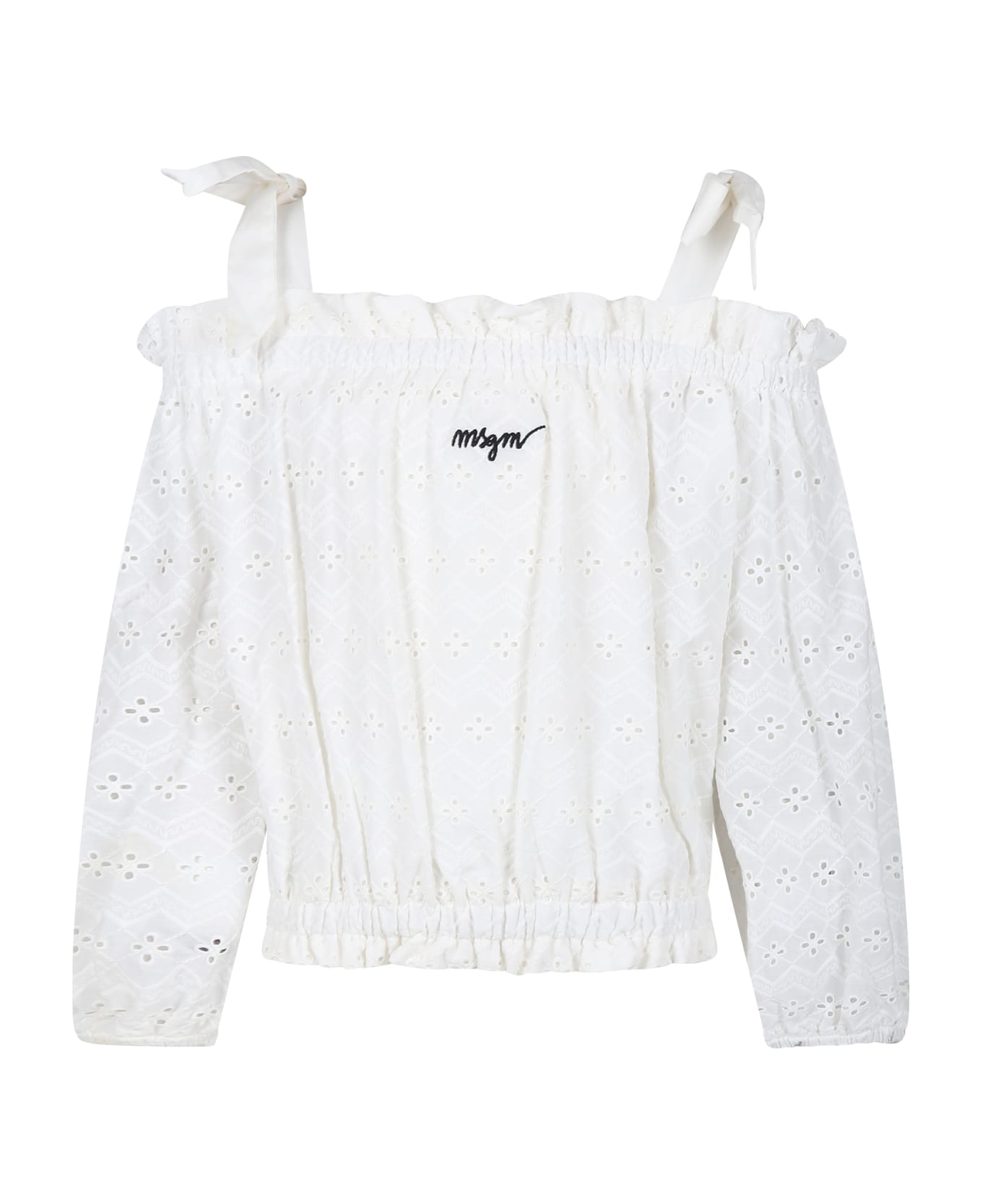 MSGM White Top For Girl With Broderie Anglaise - White