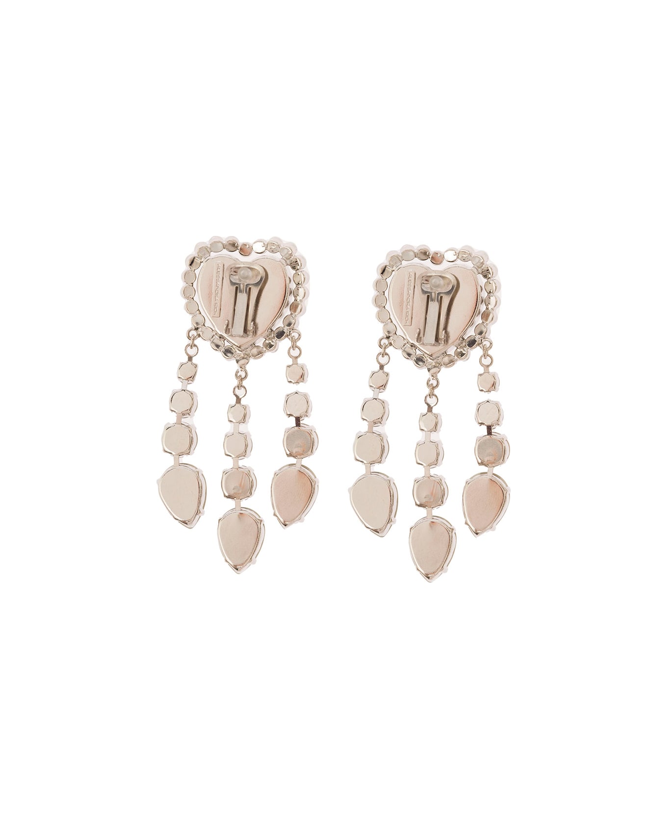 Alessandra Rich Silver-colored Heart-shaped Clip-on Earrings With Crystal Pendants In Hypoallergenic Brass Woman - Metallic