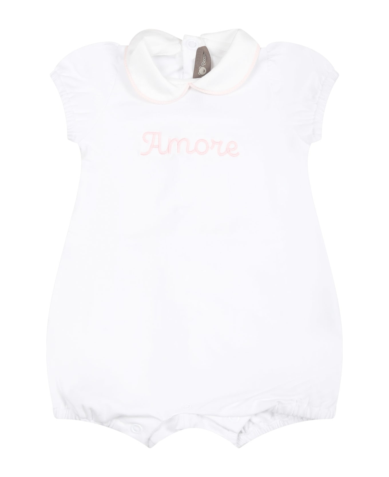 Little Bear White Romper For Baby Girl With Writing - White ボディスーツ＆セットアップ