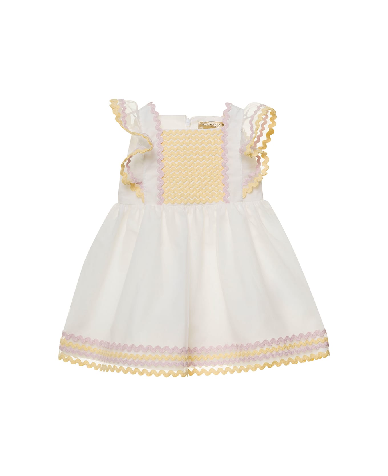 Stella McCartney Kids Ruffled Dress With Zig-zag Detail In White And Yellow Cotton Baby - White