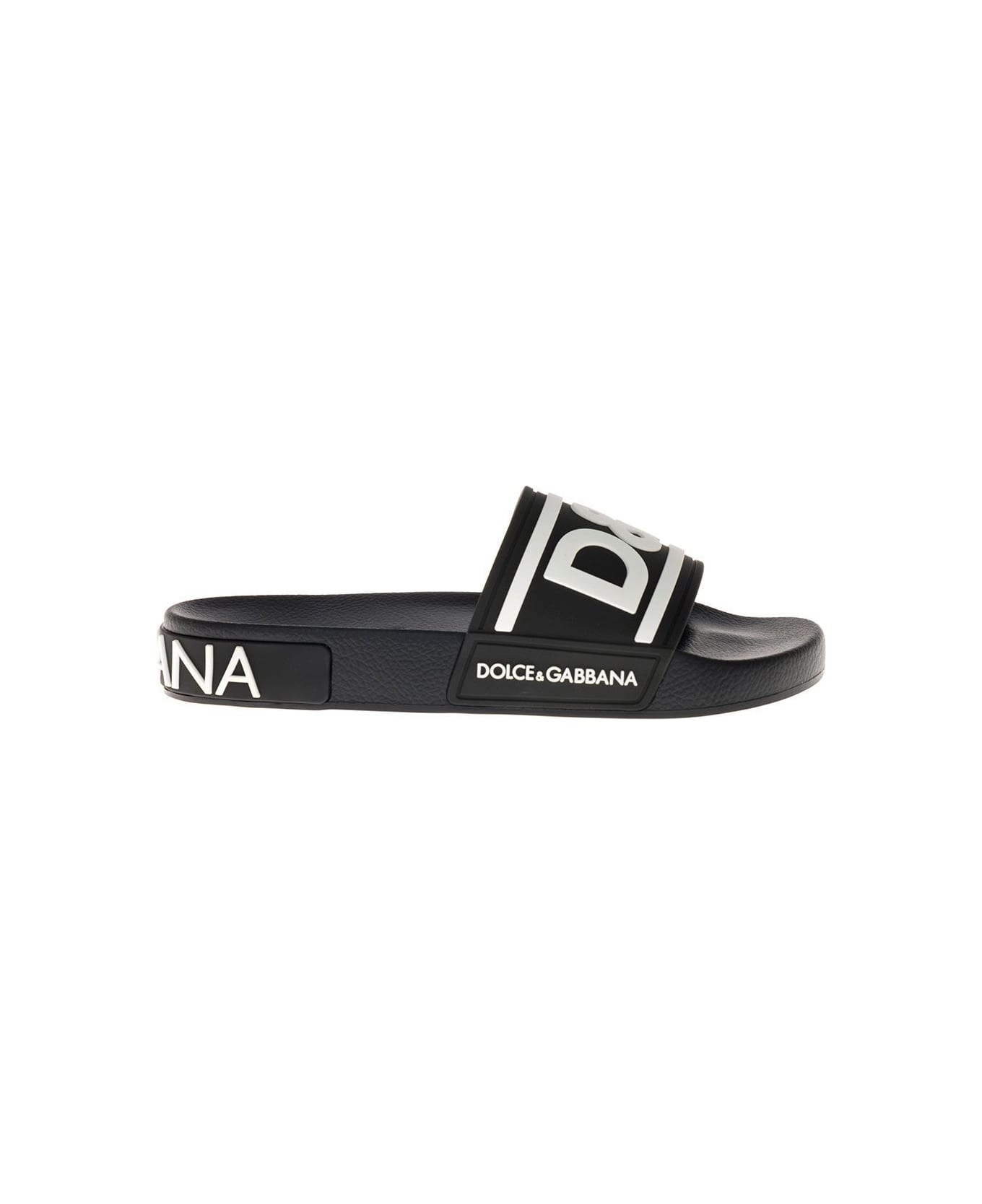 Dolce & Gabbana  Woman's Black Slide Rubber Sandals With Logo - Black