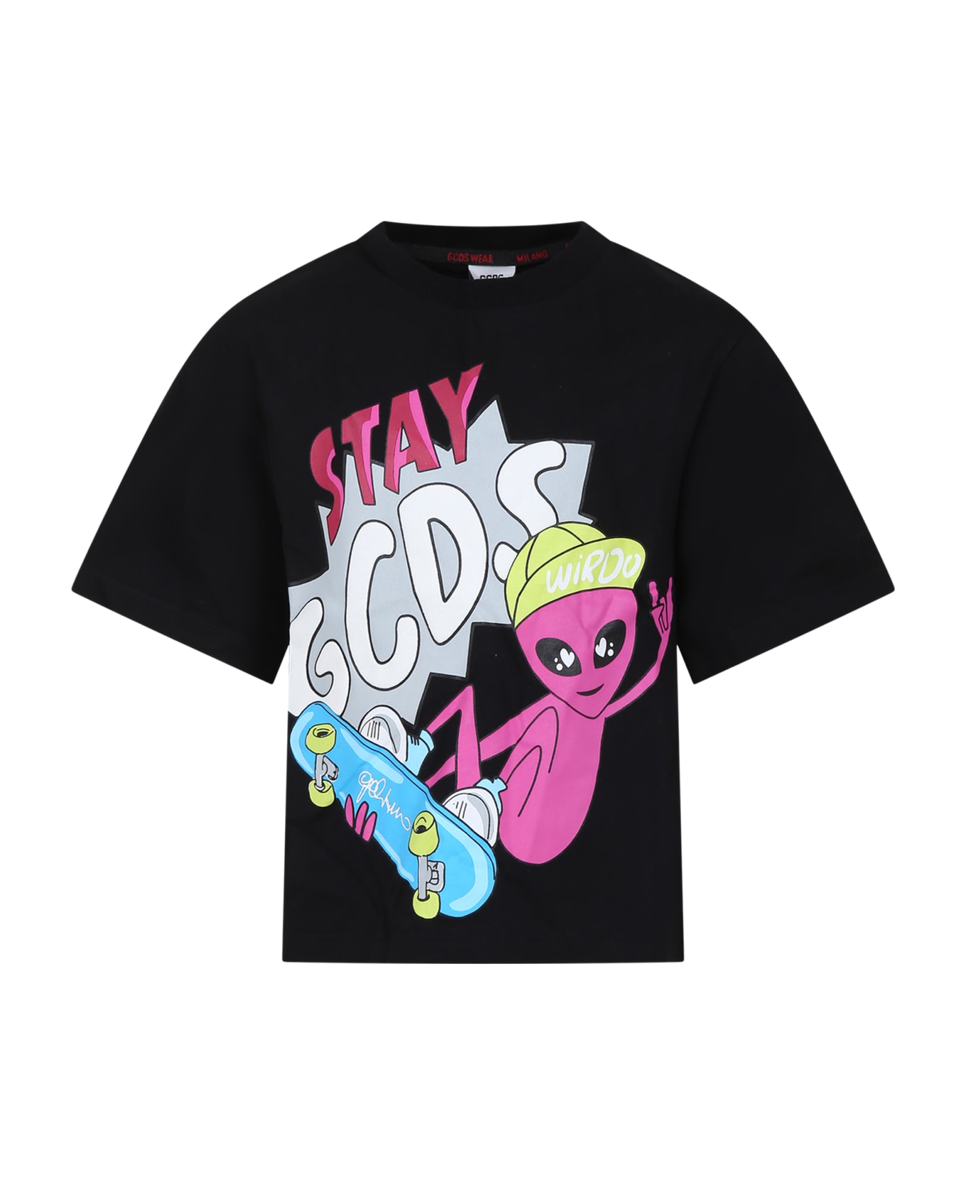 GCDS Mini Black T-shirt For Boy With Alien Print And Logo - Black
