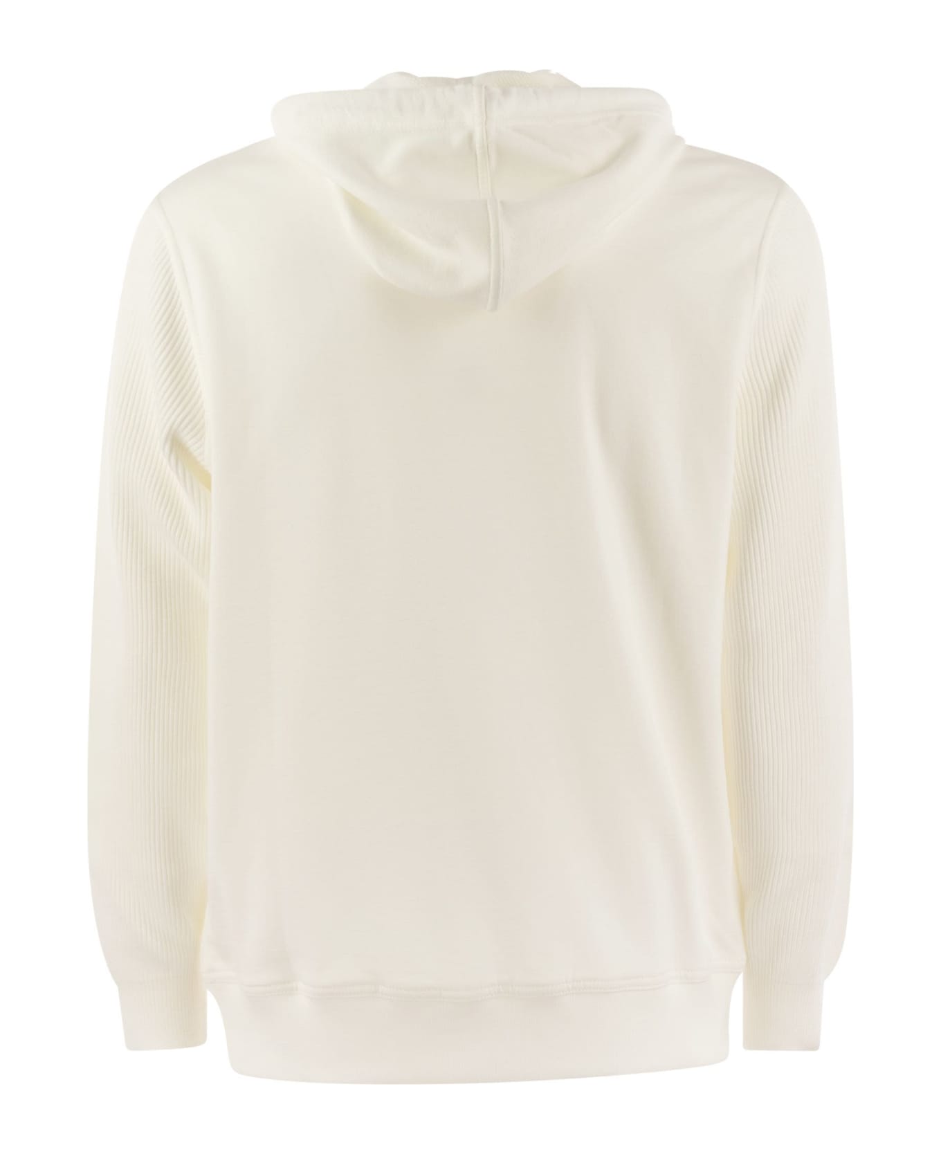 Brunello Cucinelli Cotton Fleece Topwear With Hood And Ribbed Cotton Knit Sleeve - White