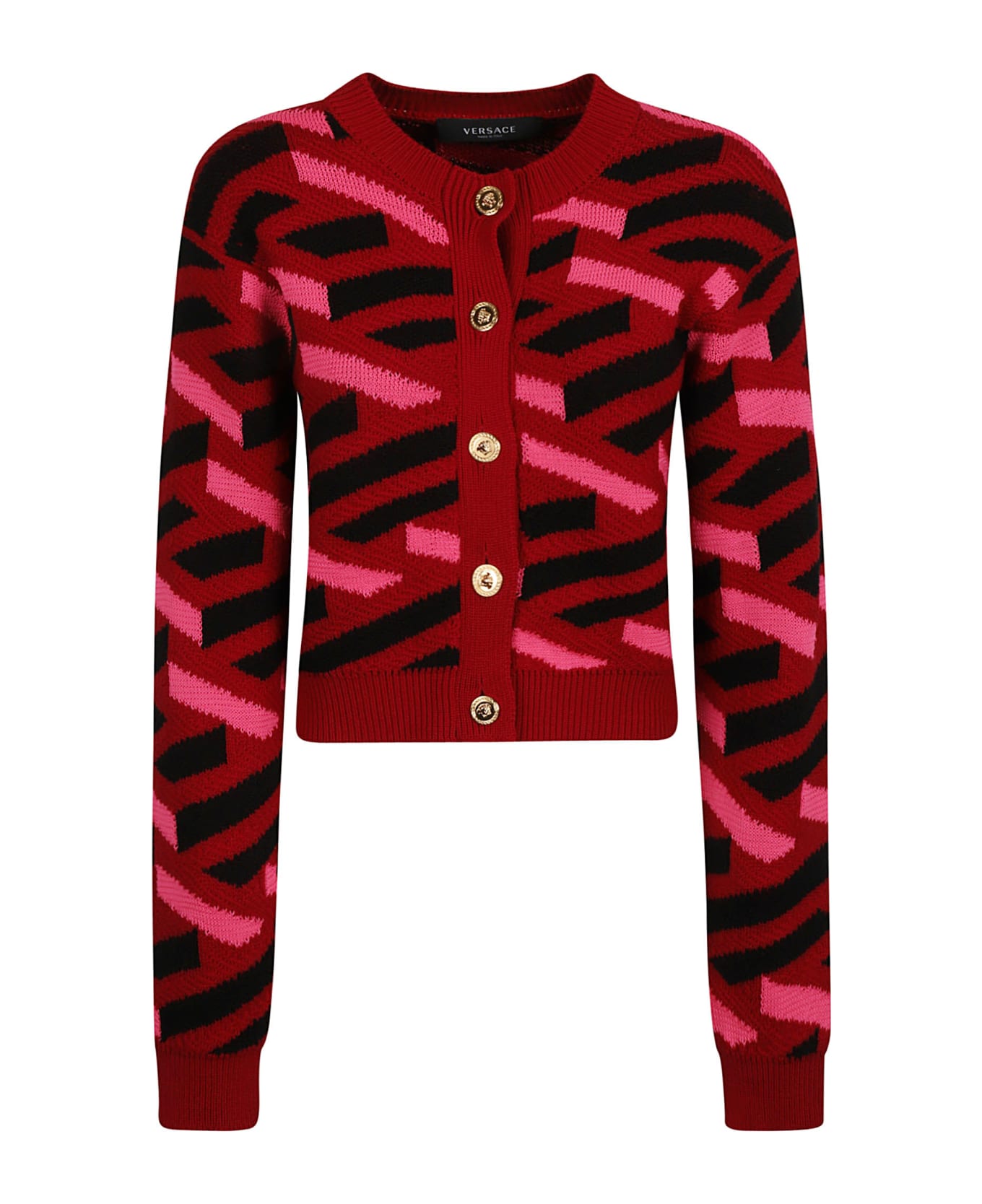 Versace Greca Texture Knit Sweater - Red/Fuxia