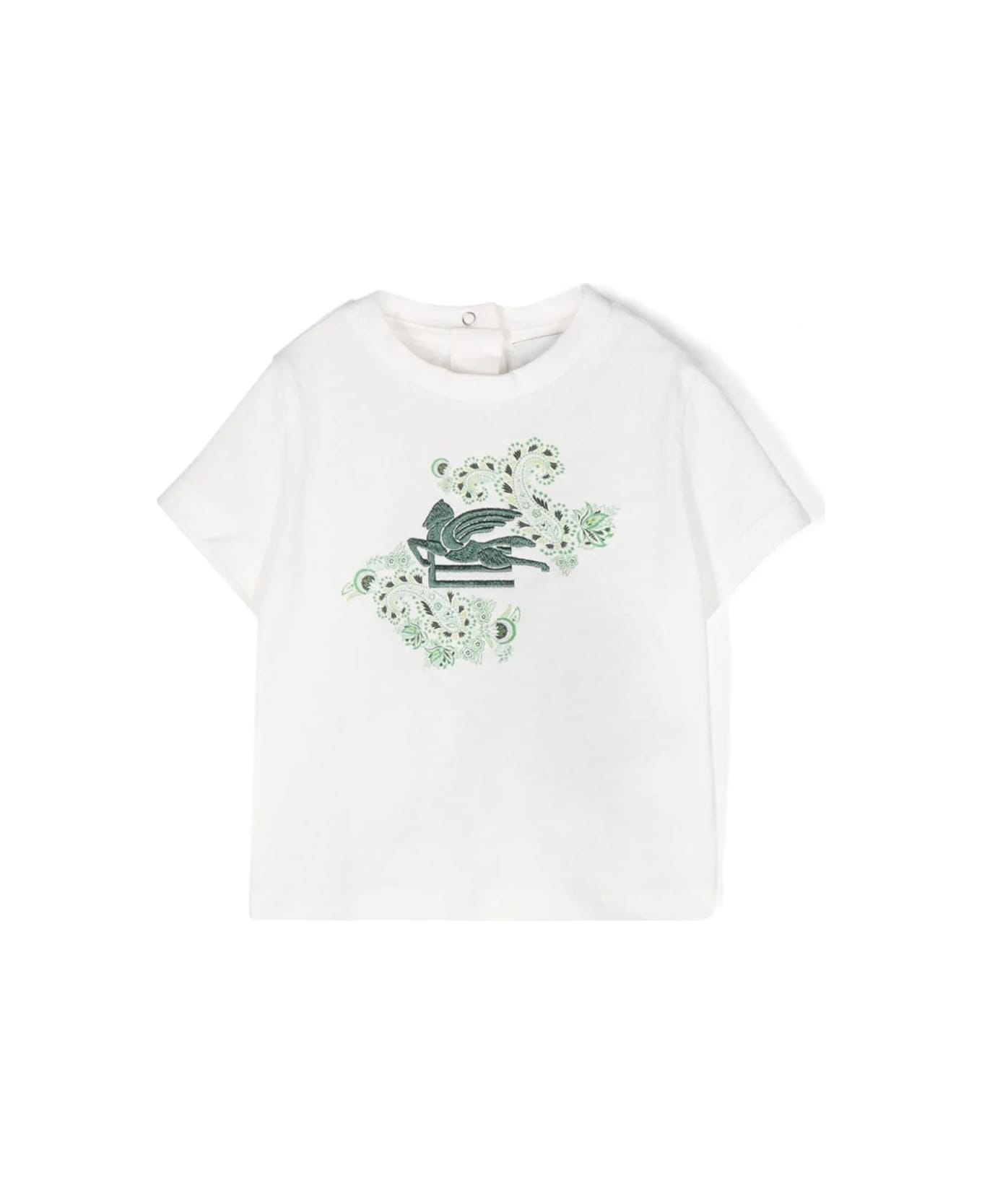 Etro White T-shirt With Green Pegasus Motif - Green Tシャツ＆ポロシャツ