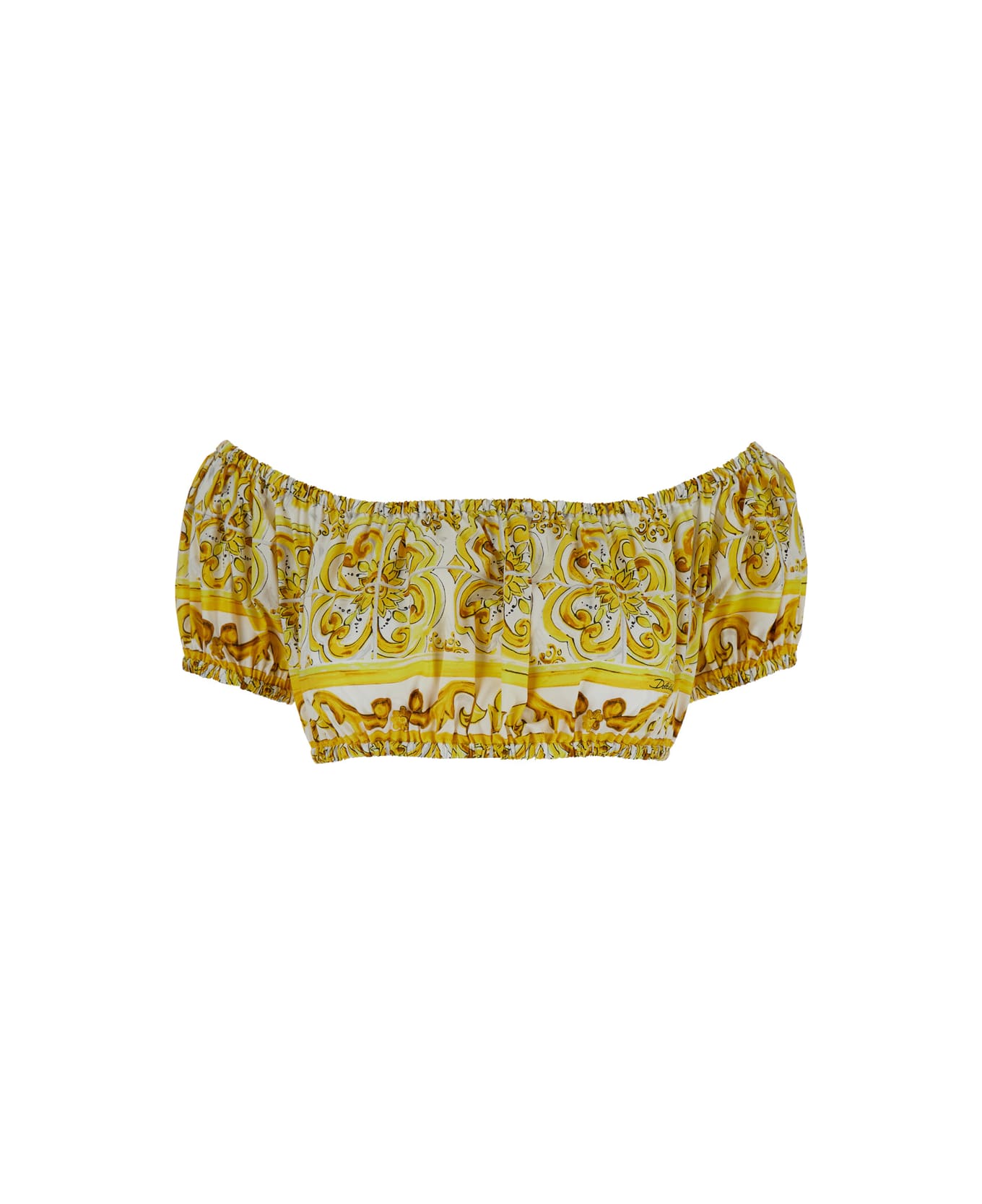 Dolce & Gabbana Yellow And White Crop Top With Majolica Print In Cotton Woman - Yellow
