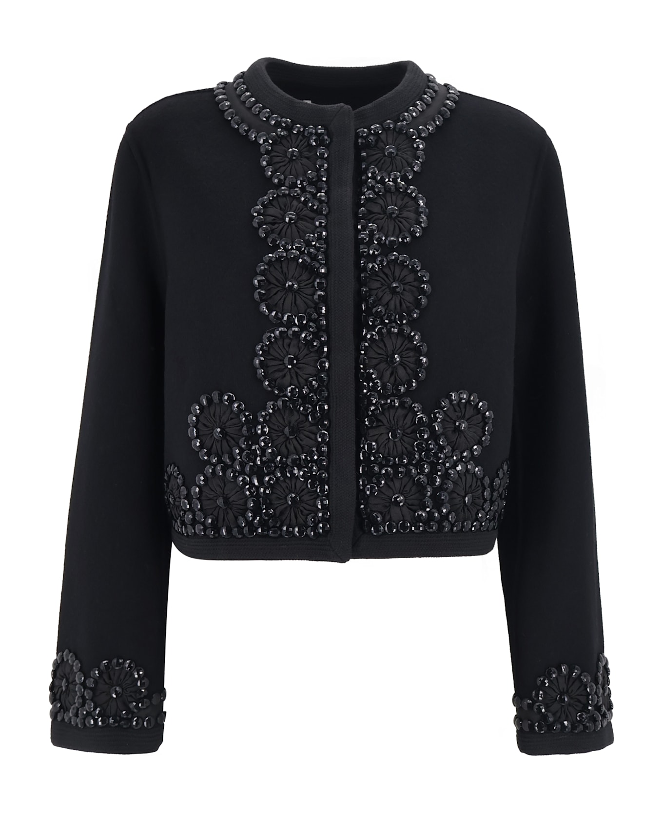 Parosh Cropped Wool Coat With Floral Embroidery And Beading - Black