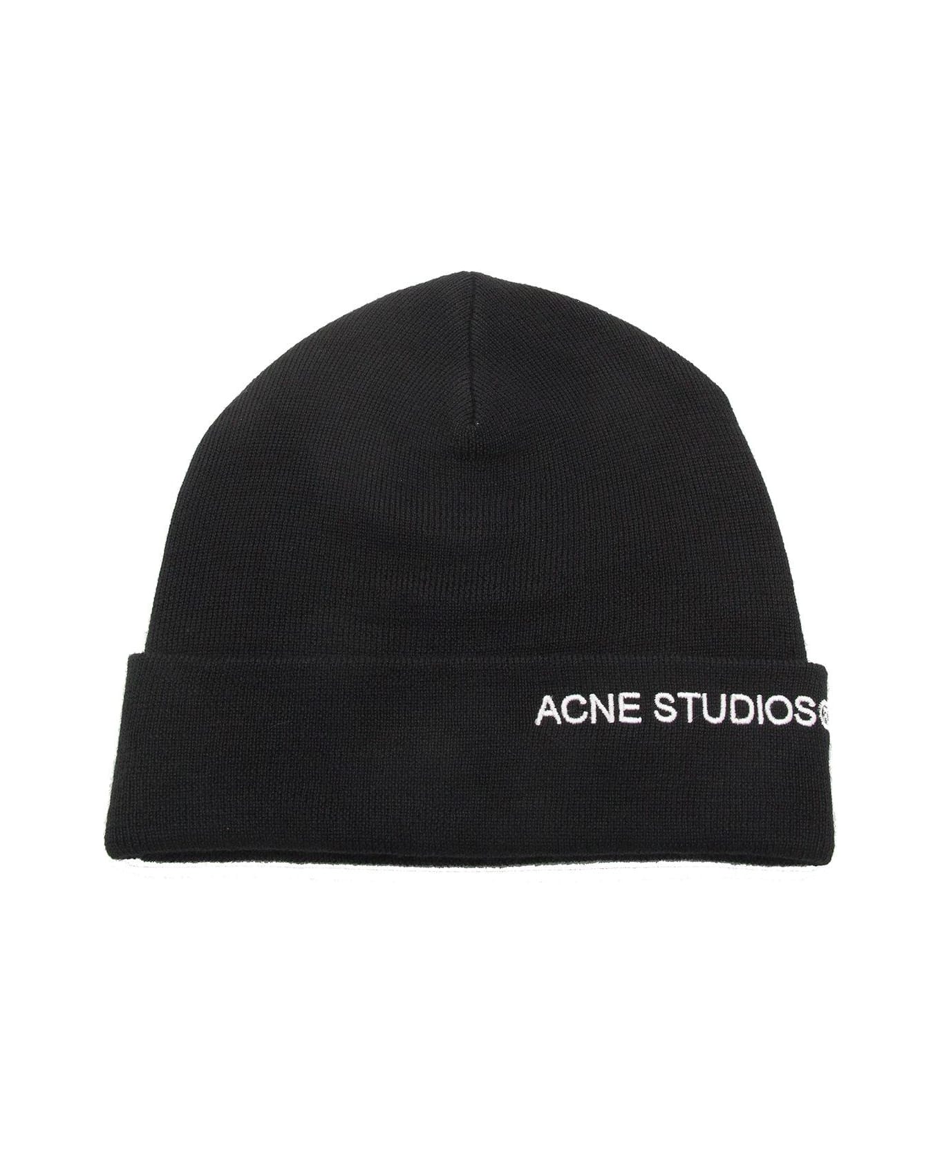 Acne Studios Logo Embroidered Ribbed Beanie - Black
