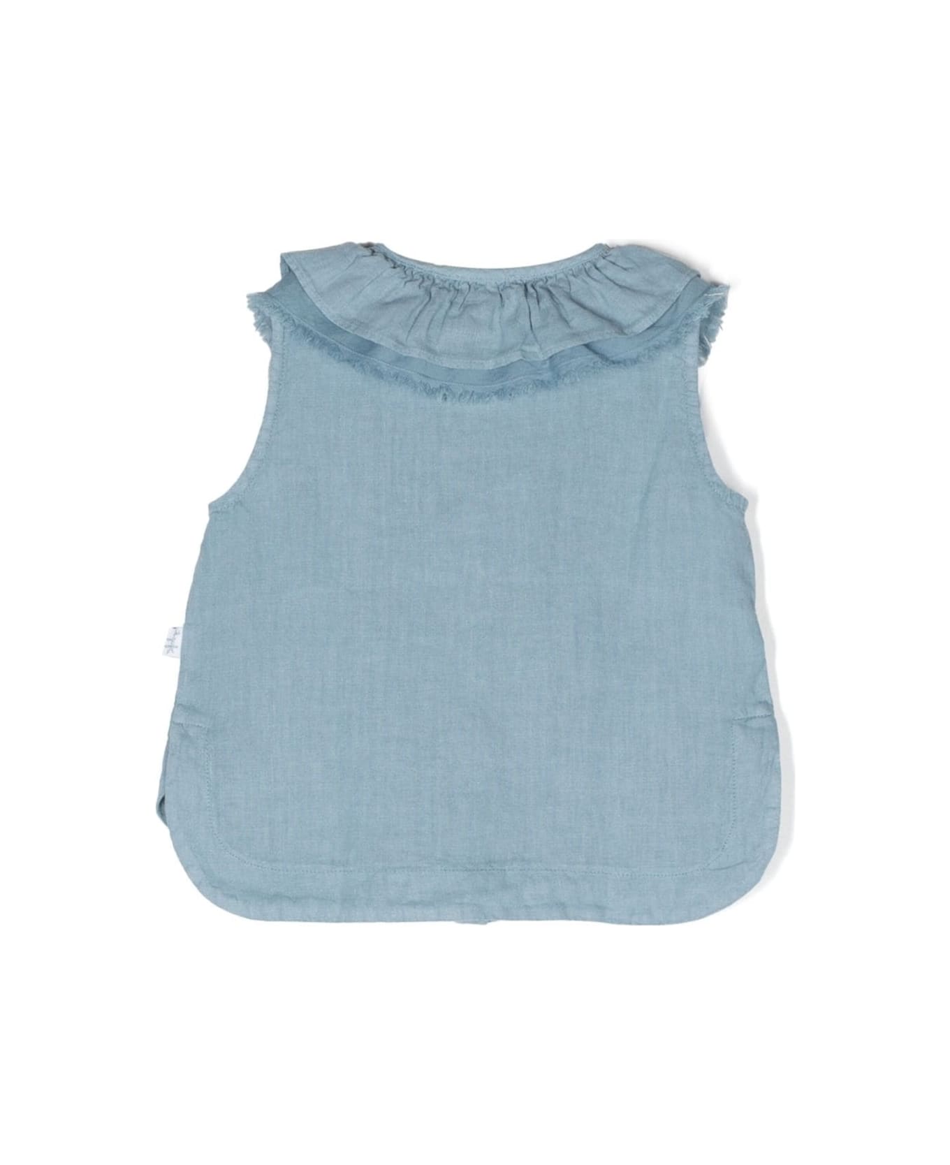 Il Gufo Light Blue Sleeveless Shirt With Ruched Detailing In Linen Girl