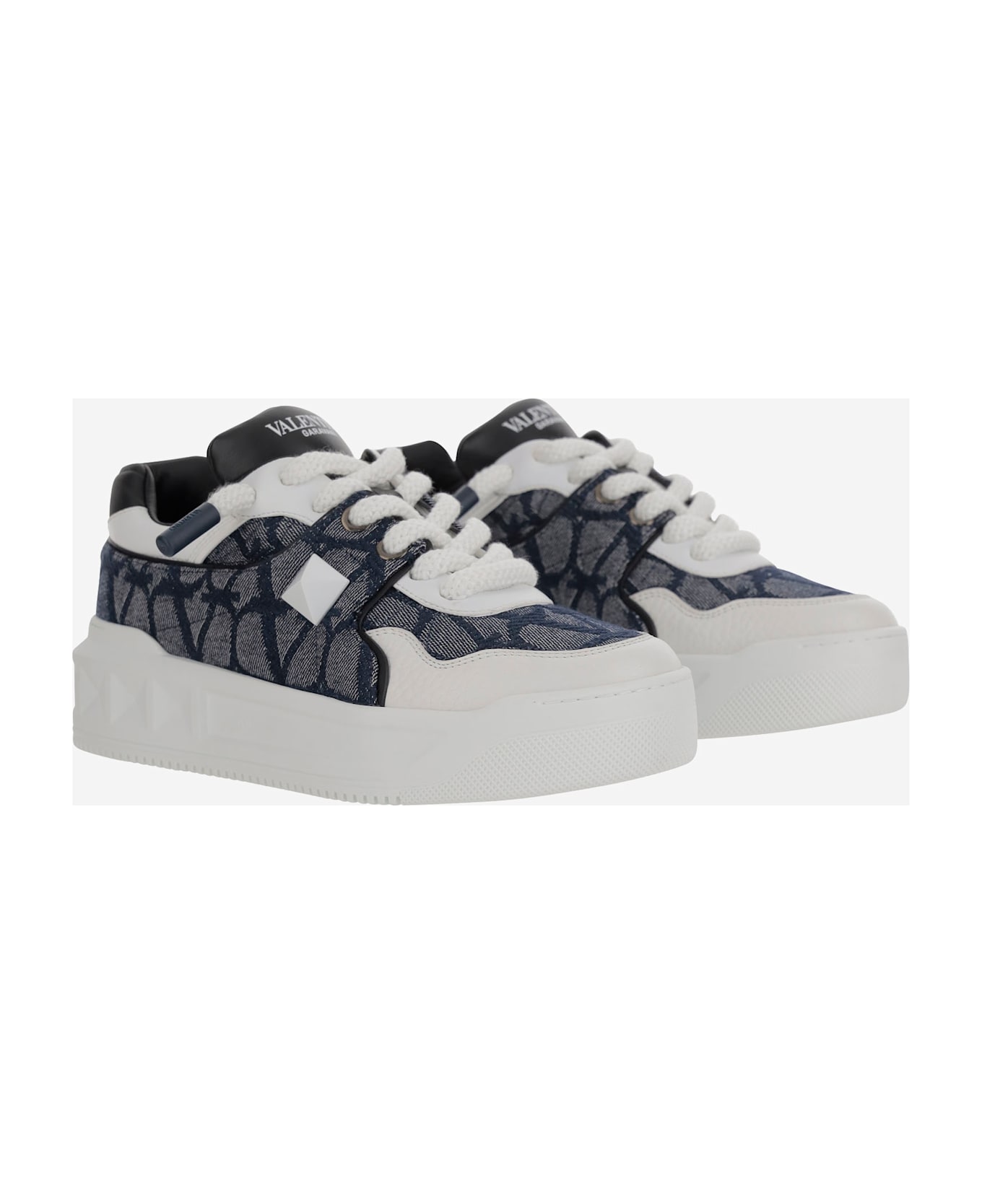 Valentino Garavani Low-top One Stud Xl Sneakers In Nappa Leather And Jacquard Fabric Toile Iconographe With Denim Effect - Red
