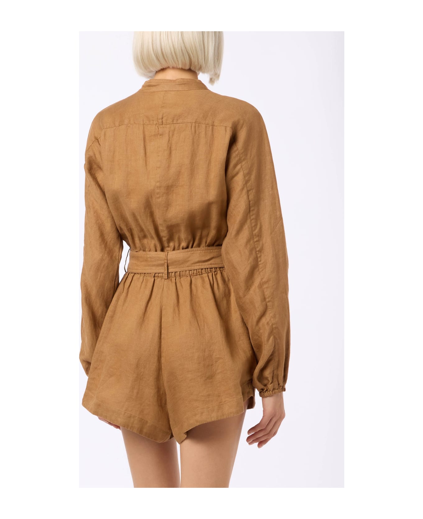 MC2 Saint Barth Woman Camel Linen Playsuit Hanniel - BROWN