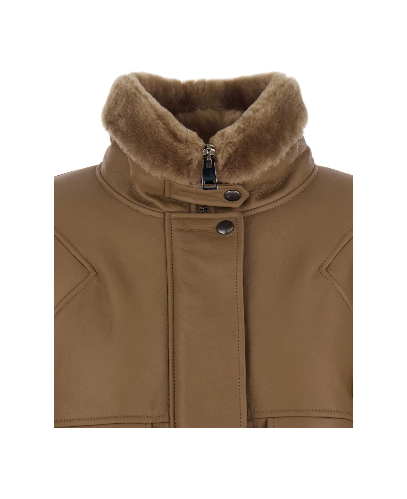 Blancha Brown Bomber Jacket With Fur Collar And Patch Pockets In Leather Woman - Brown