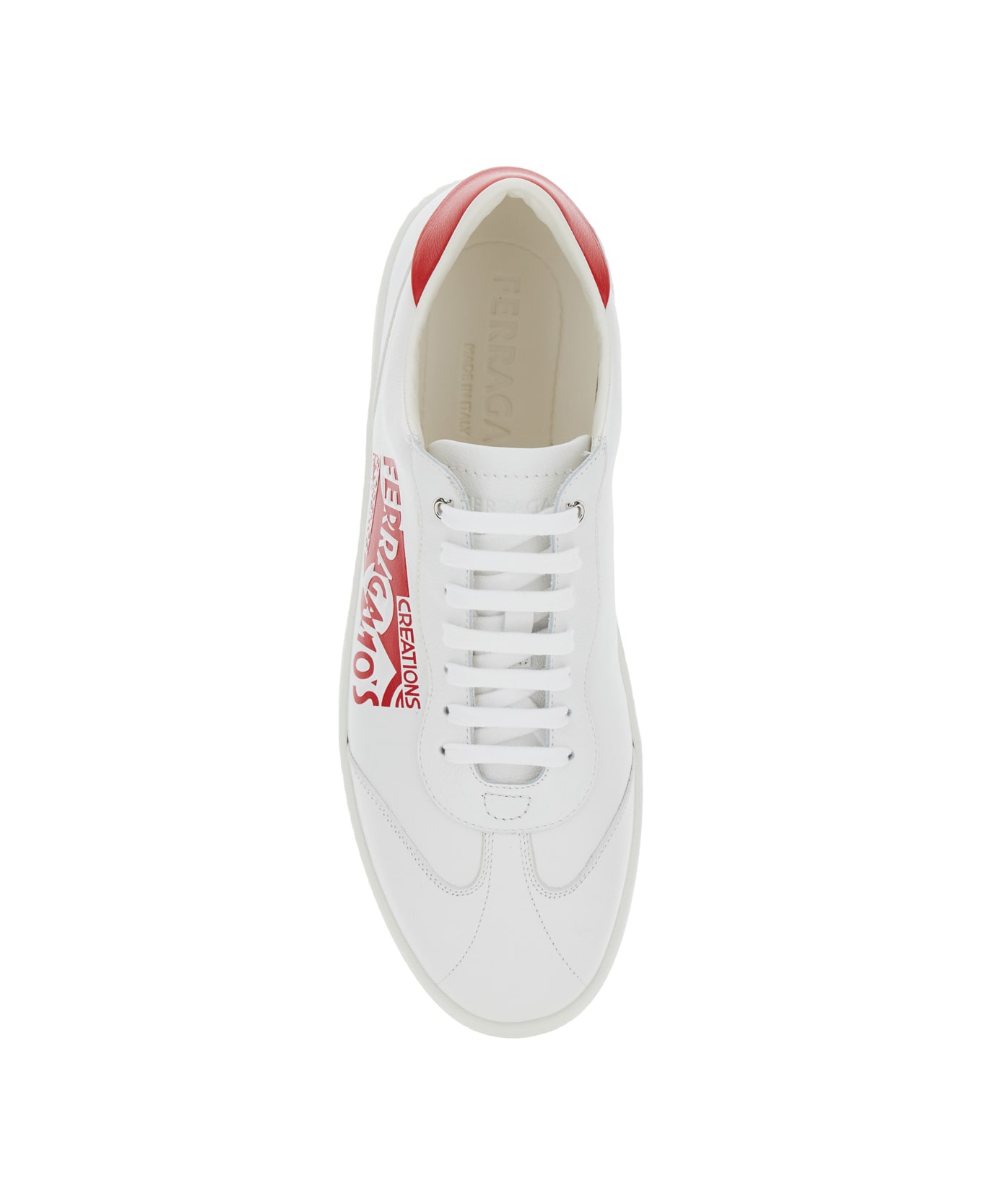 Ferragamo 'achille' White Low Top Sneakers With Red Logo Detail In Leather Man - White