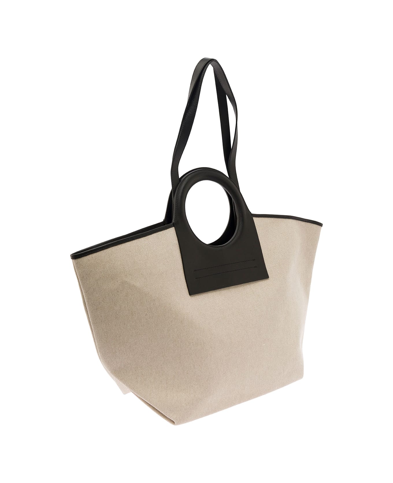 Hereu 'cala' White And Black Handbag With Leather Handles In Canvas Woman - Beige