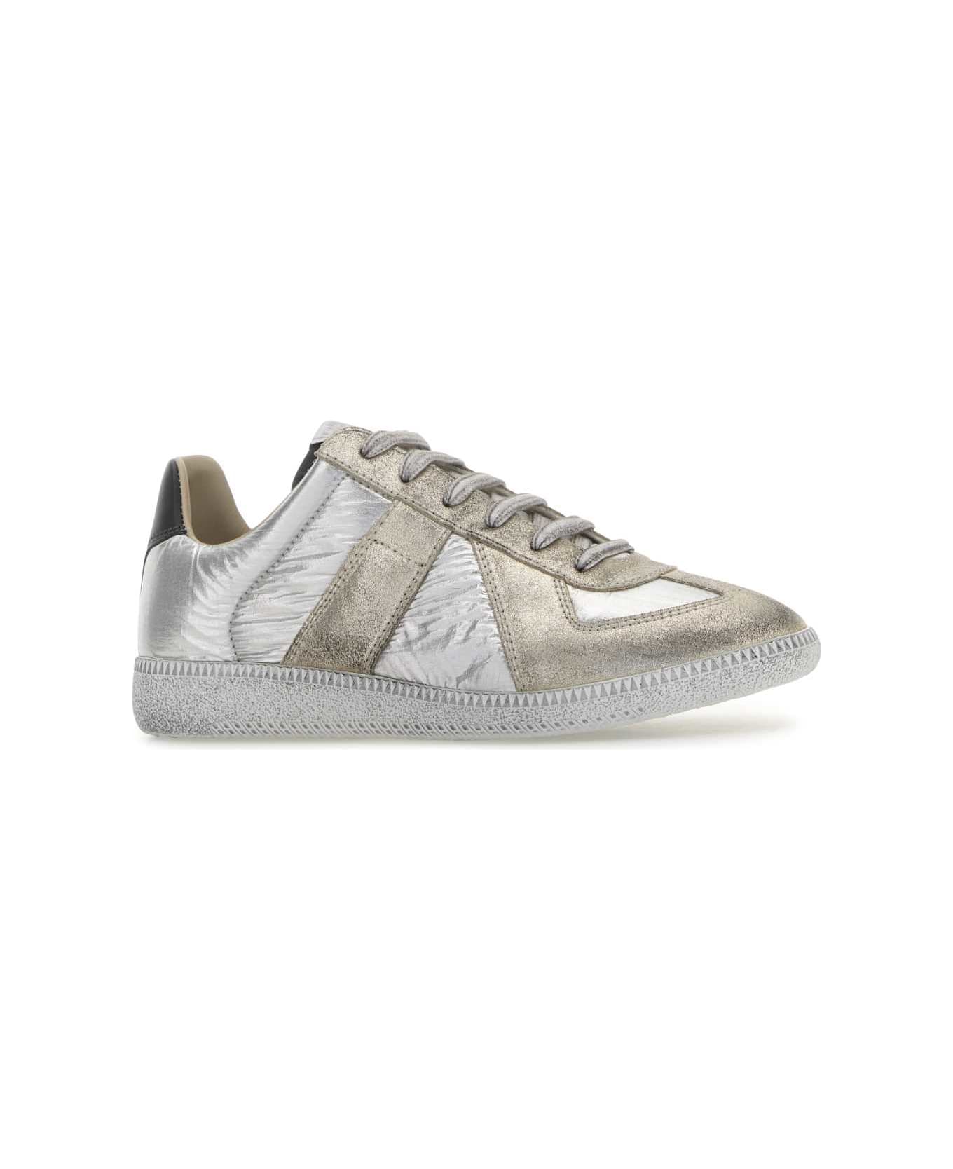 Maison Margiela Two-tone Fabric And Leather Replica Iridescent Sneakers - SILVERWHITENATURAL