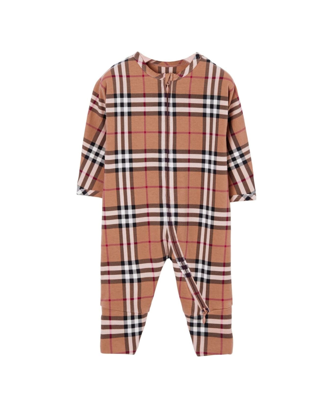 Burberry 'claude' Beige Onesie With Vintage Check Motif And Zip In Stretch Cotton Baby - Multicolor ボディスーツ＆セットアップ