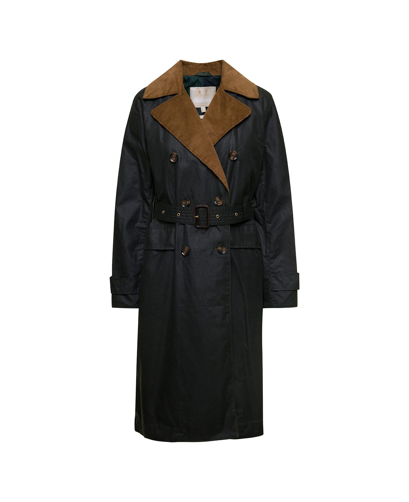 Barbour 'simone' Black Belted Trench Coat With Corduroy Revers In Waxed Cotton Woman - Black
