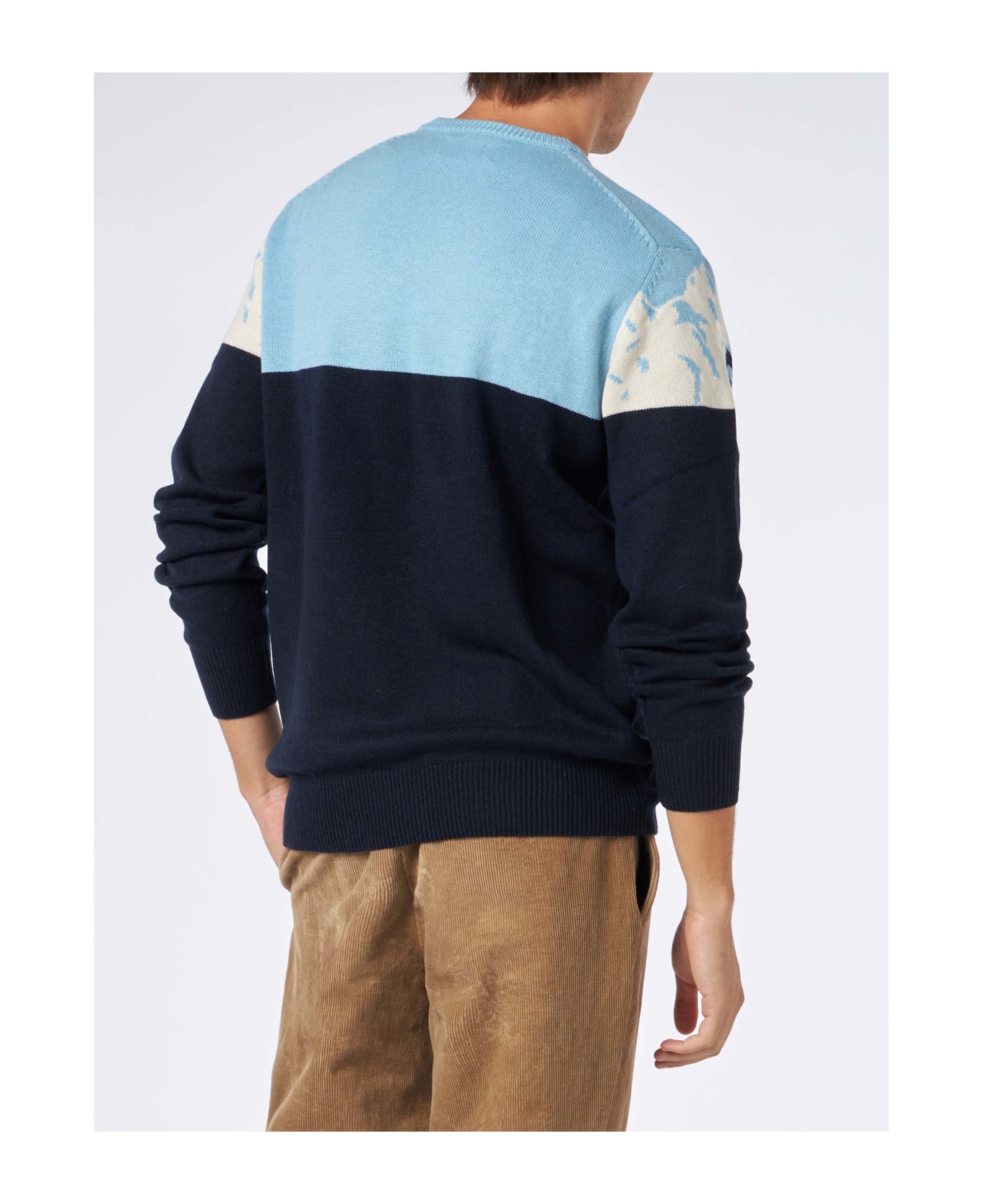MC2 Saint Barth Man Crewneck Sweater With St. Moritz Postcard Jacquard - BLUE