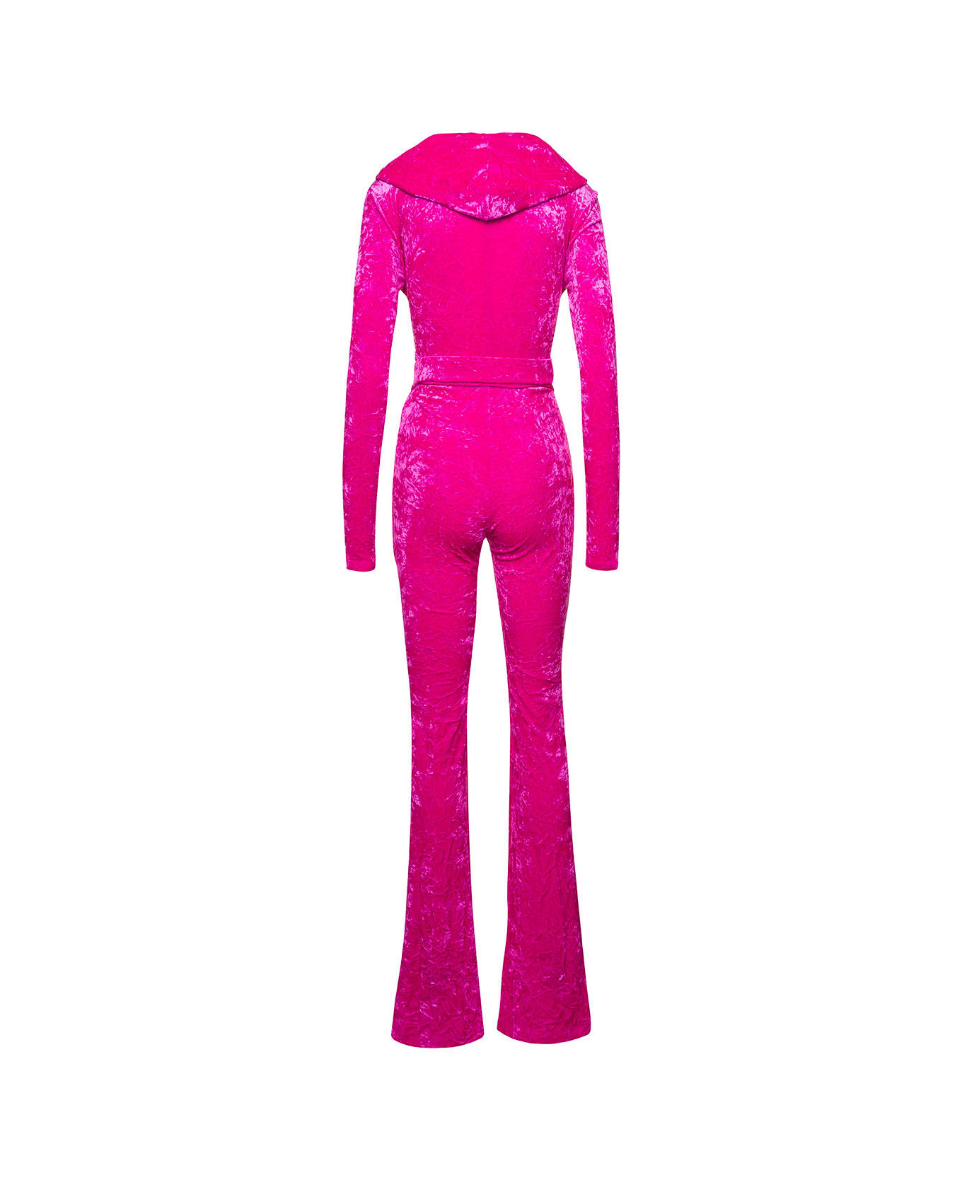 Versace Fuchsia Hooded Jumpsuit With Crisscross Medusa Biggie Belt In Crushed Velvet Woman - Pink ジャンプスーツ