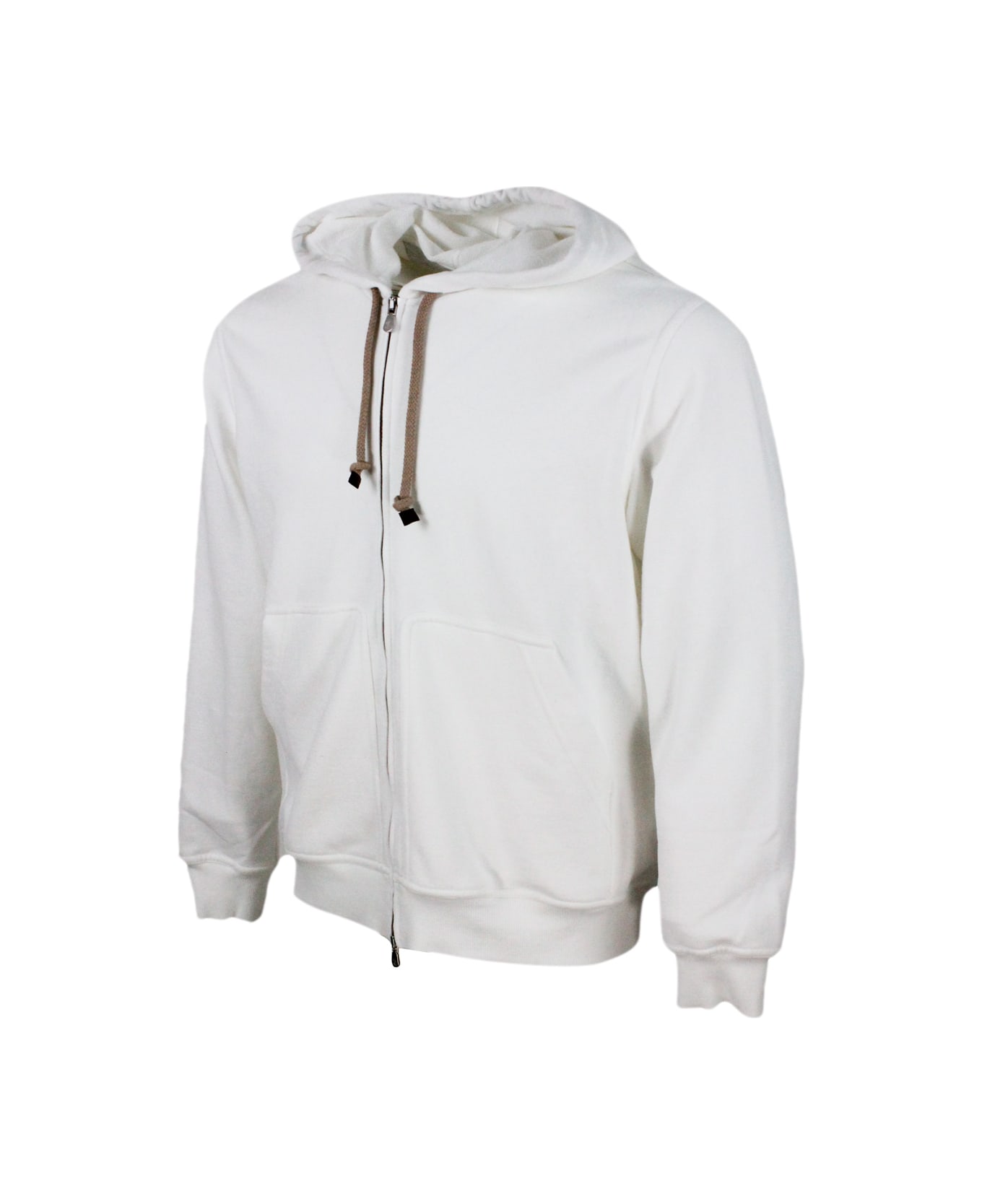 Brunello Cucinelli Hooded Sweatshirt With Drawstring And Zip Closure - White ニットウェア