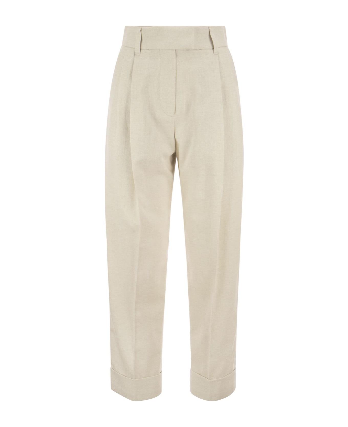 Brunello Cucinelli Baggy Sartorial Trousers In Sparkling Cotton And Viscose Twill With Monile - Ecru