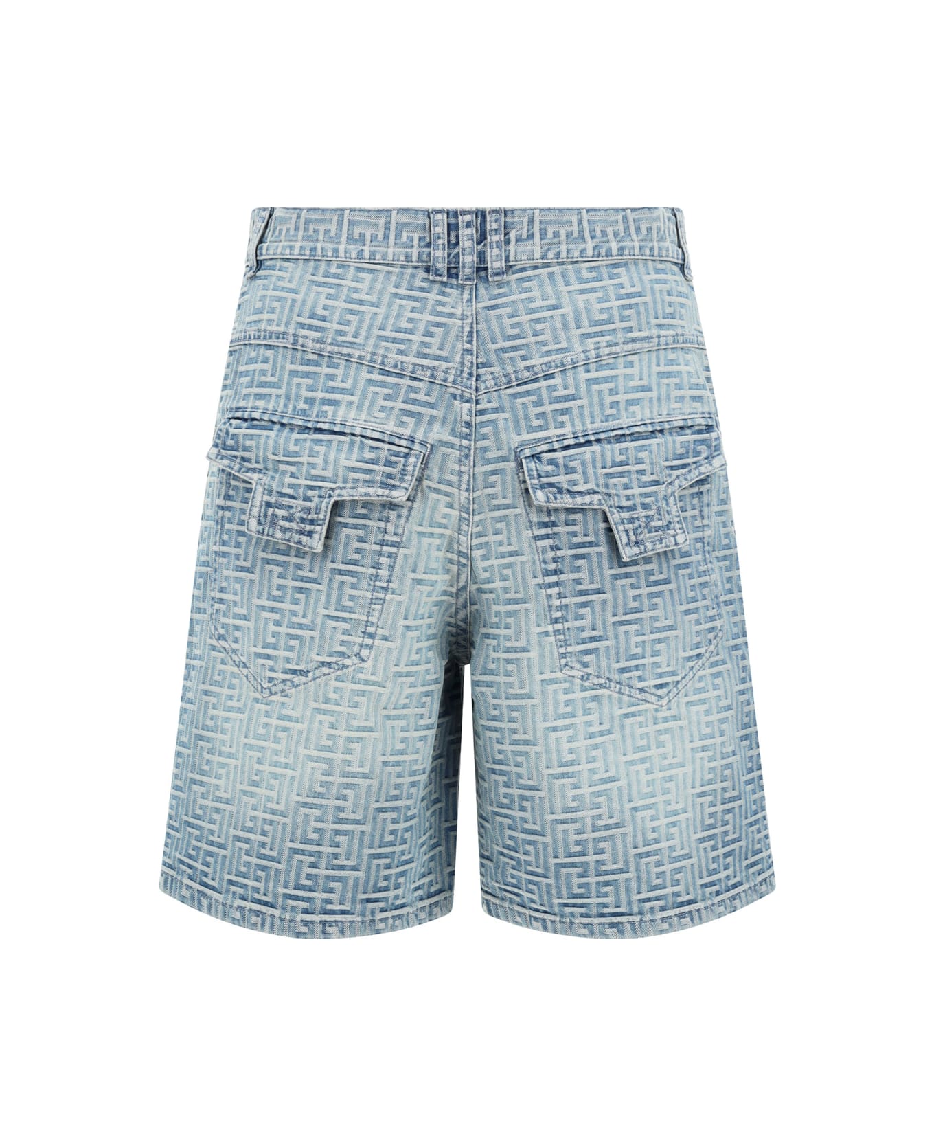 Balmain Blue Denim Straight Shorts With Monogram - Bleu Jean