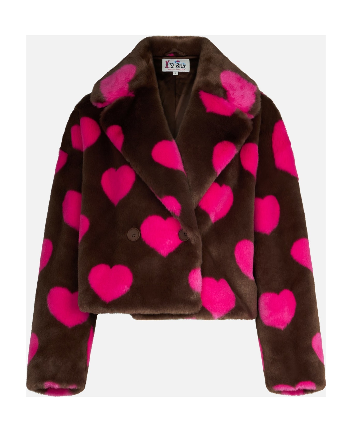 MC2 Saint Barth Woman Furry Short Jacket With Heart Print - BROWN