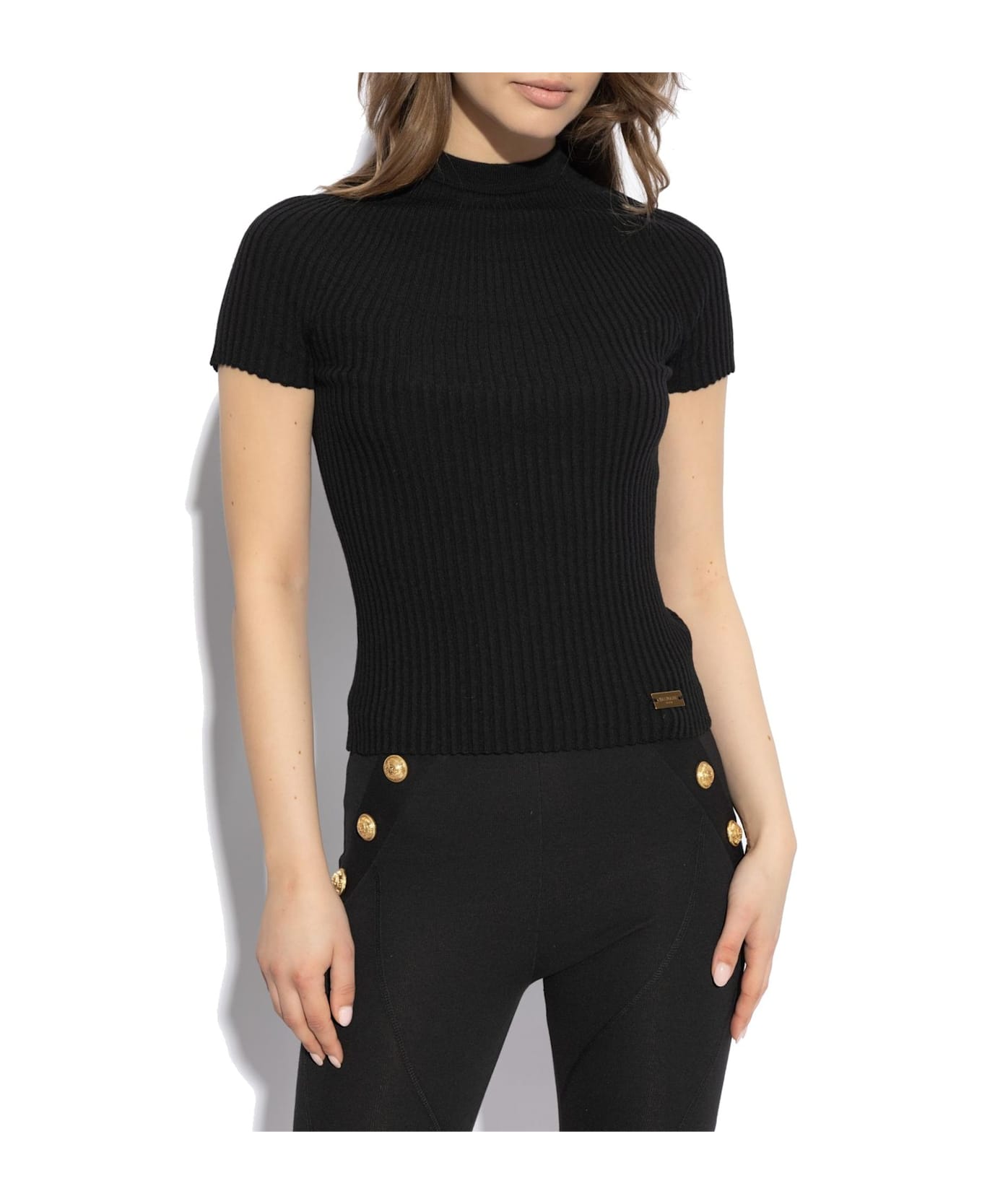 Balmain Logo Plaque Short-sleeved Ribbed Knit Top - Nero