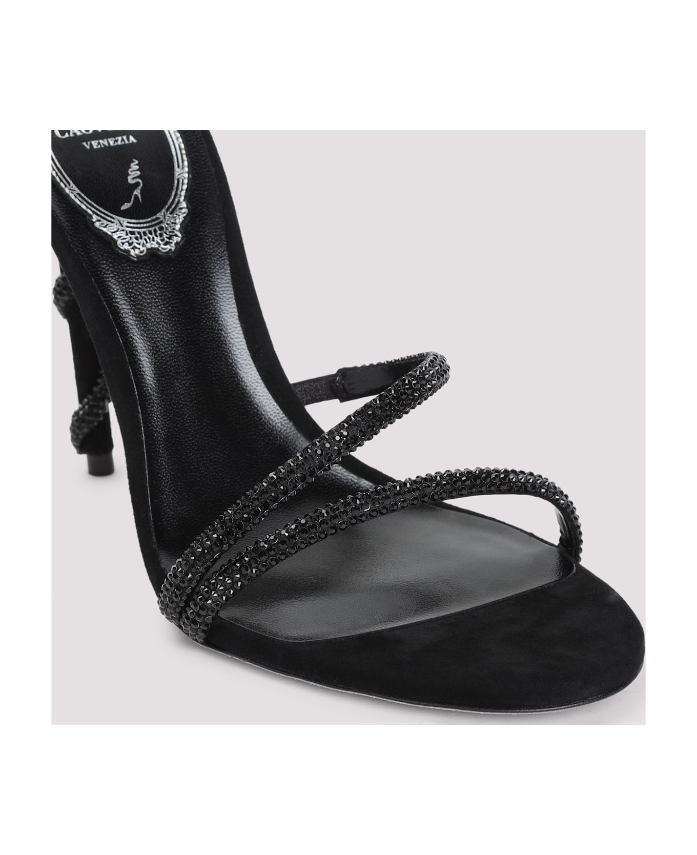 René Caovilla Margot Sandals In Black Leather - Black Satin
