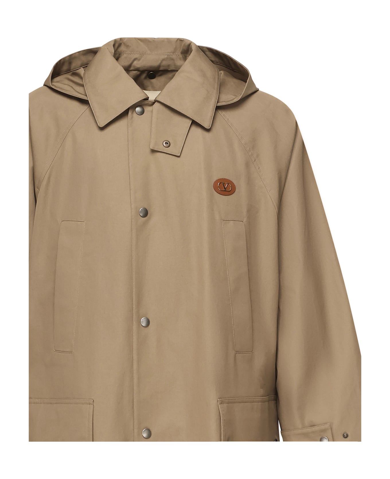 Valentino Garavani Hooded Trench Coat With Logo - Beige