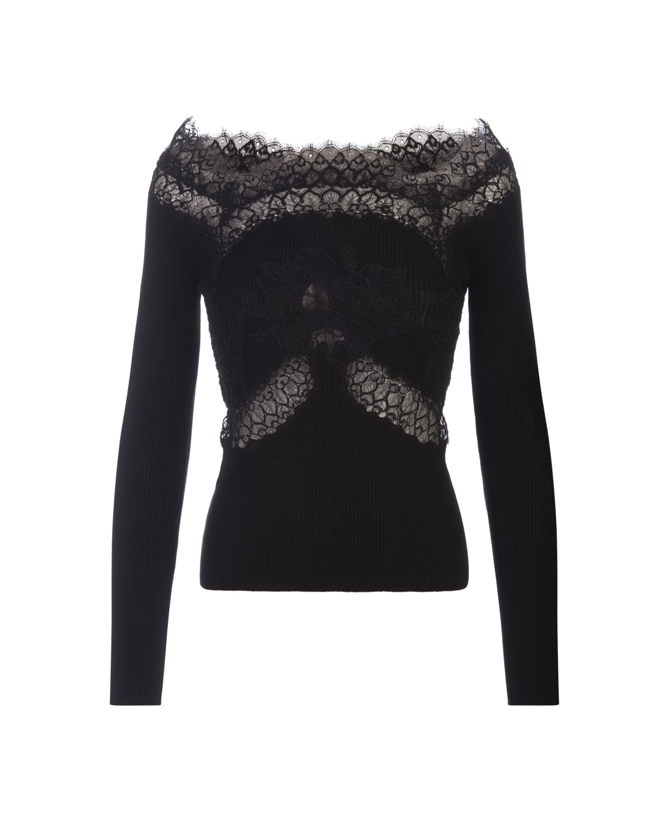 Ermanno Scervino Black Sweater With Lace And Boat Neckline - Black