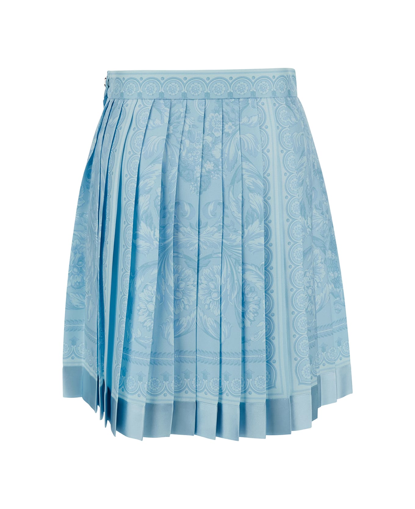 Versace Mini Light Blue Pleated Skirt With Tonal Barocco Print In Silk Woman - Light blue