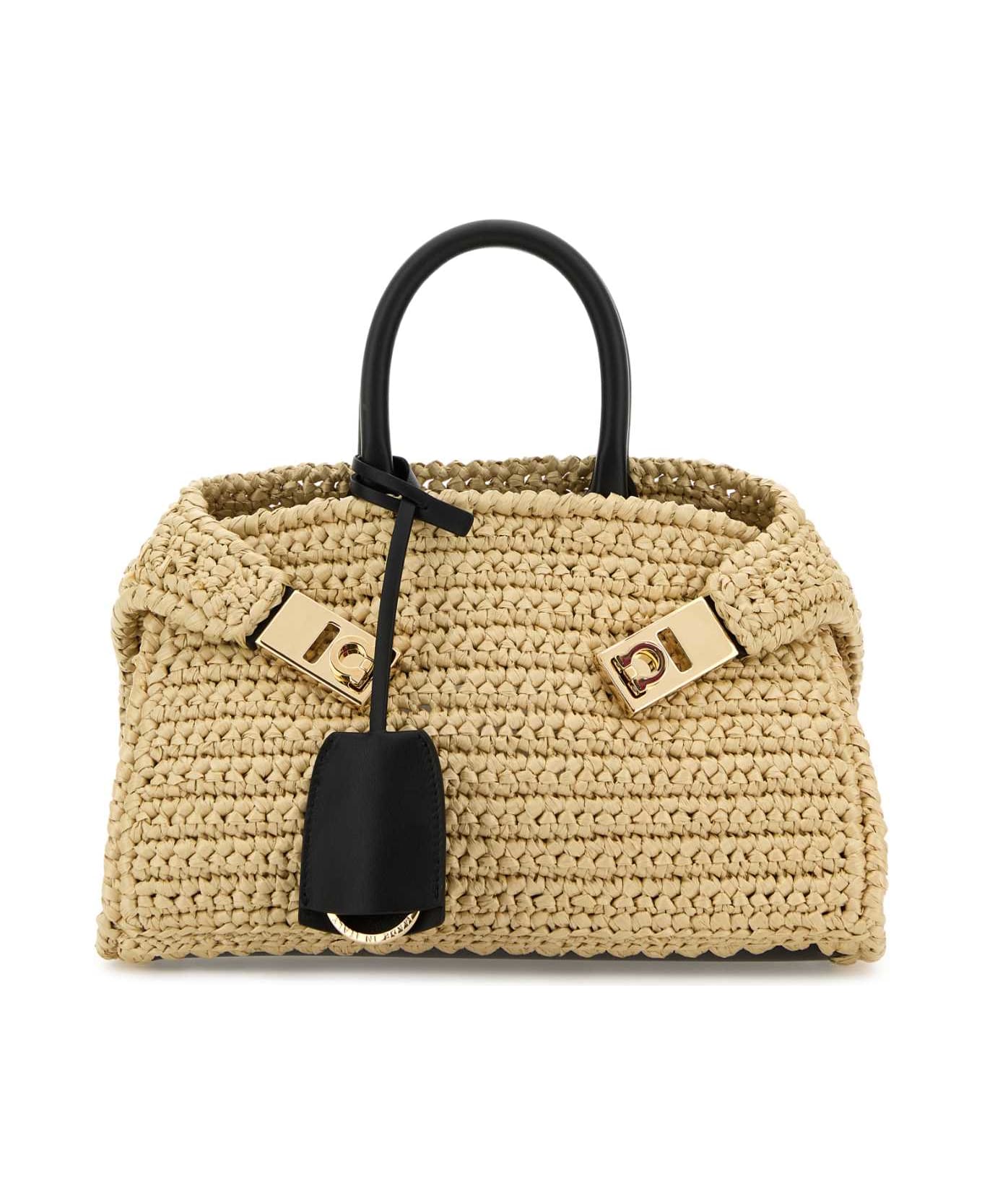 Ferragamo Raffia Mini Hug Handbag - NATURALENERONERO