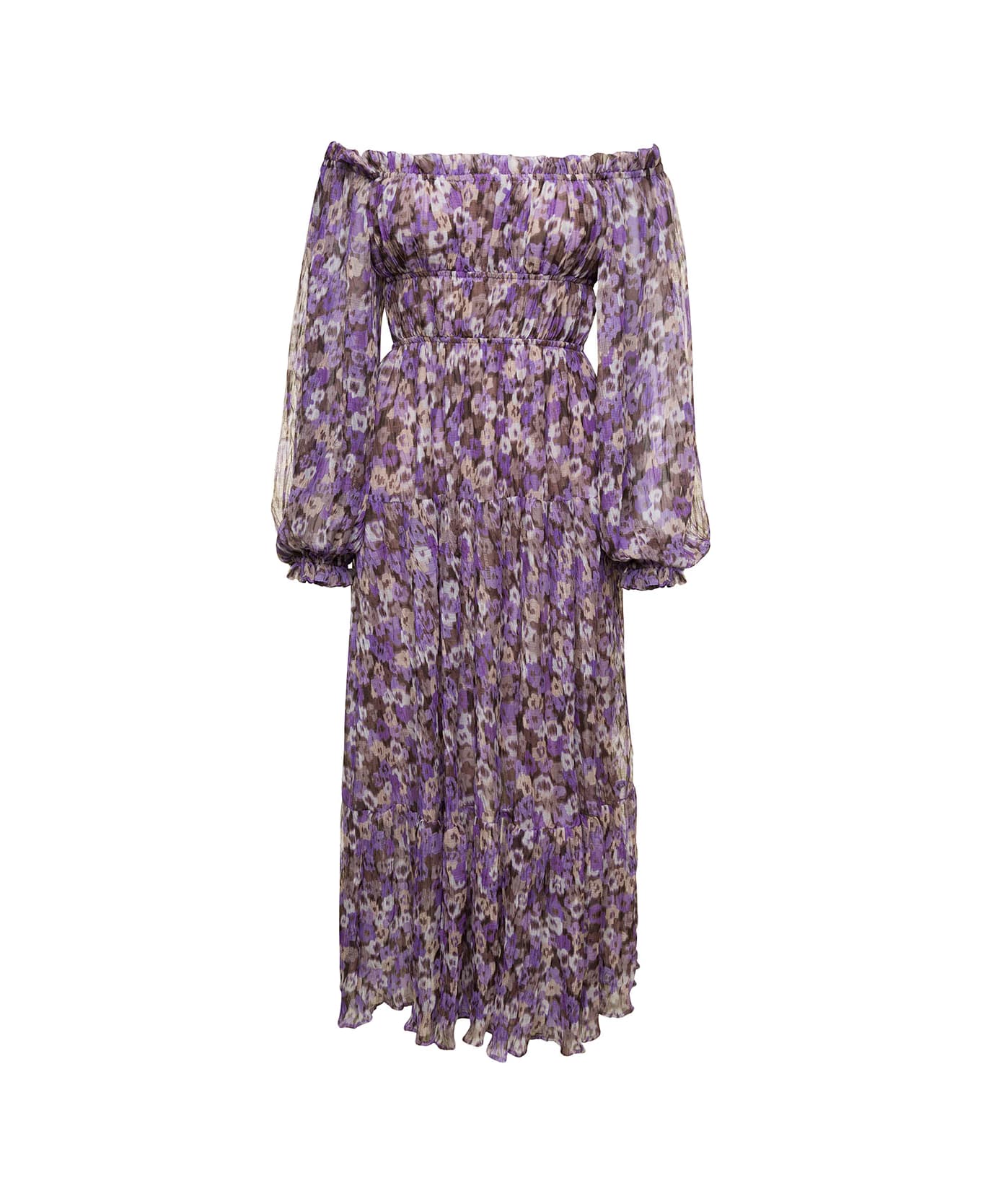 Sabina Musayev 'mary' Purple Off-the-shoulders Long Dress With Floreal Print Woman - Violet ワンピース＆ドレス