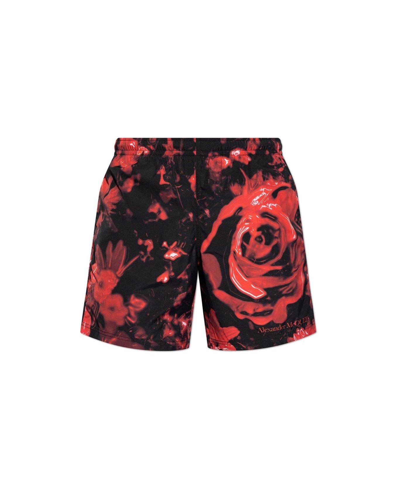 Alexander McQueen All-over Printed Swim Shorts - BLACK/RED