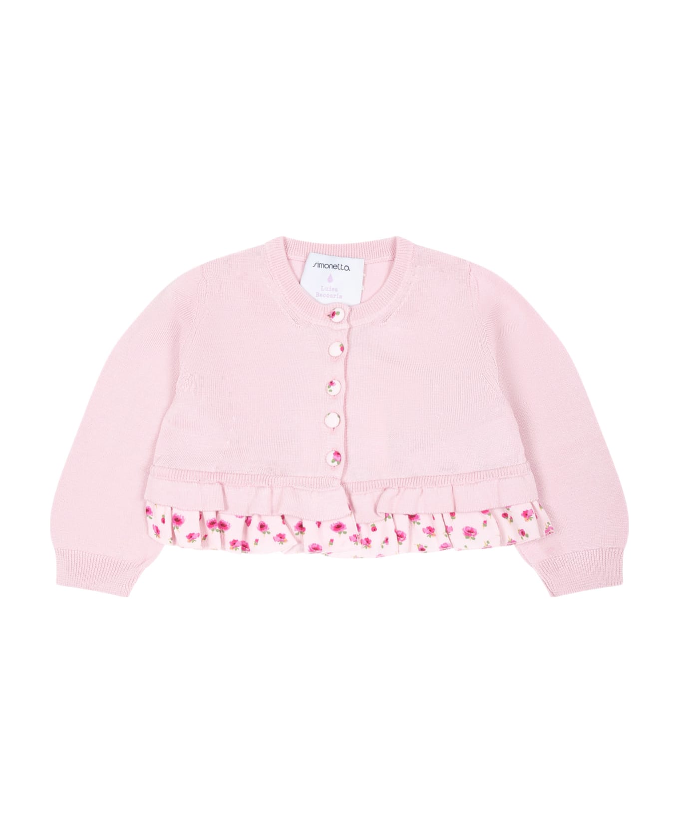Simonetta Pink Cardigan For Baby Girl With Flowers Print - Pink ニットウェア＆スウェットシャツ