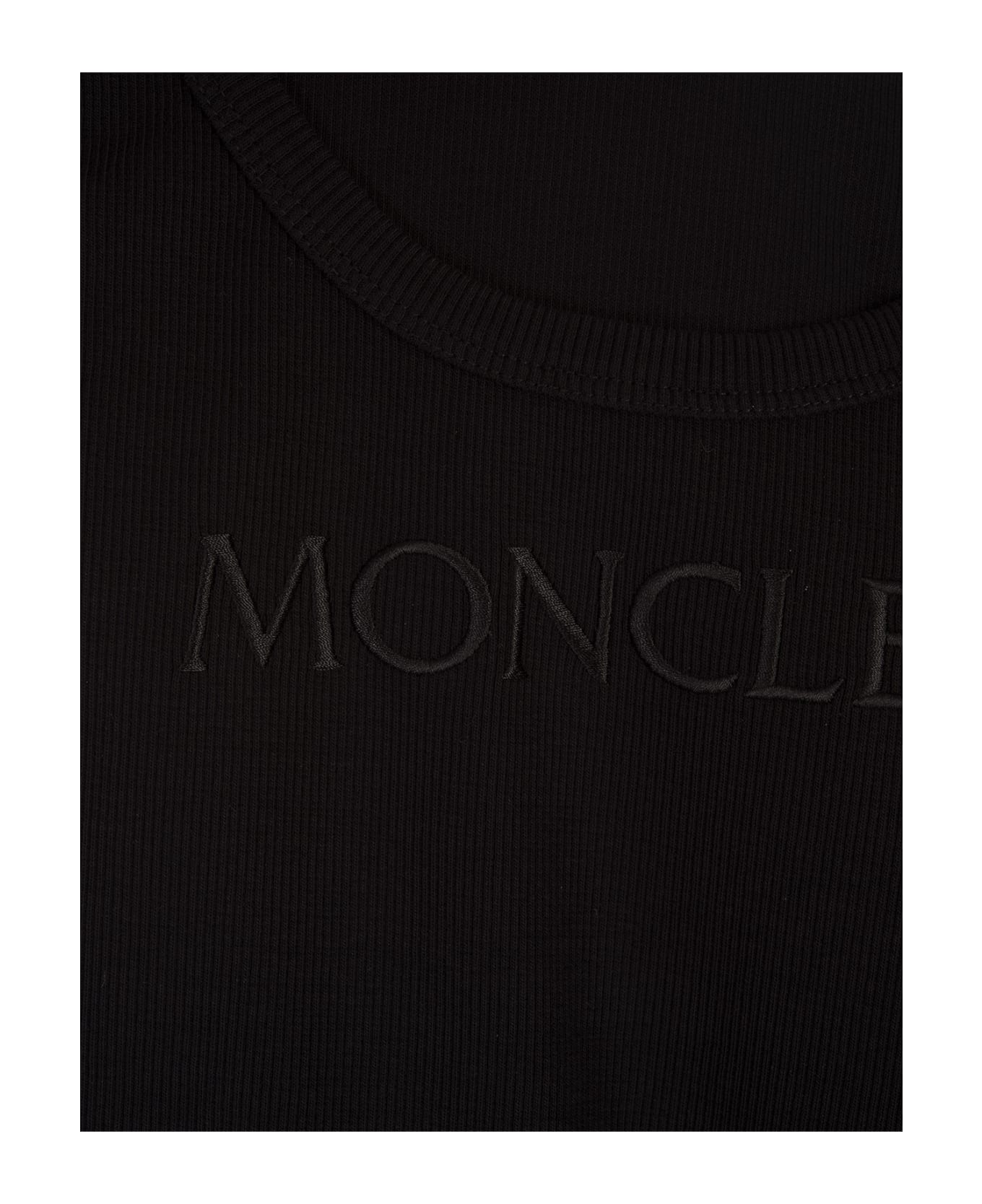 Moncler Black Ribbed Top With Logo In Tone - Black
