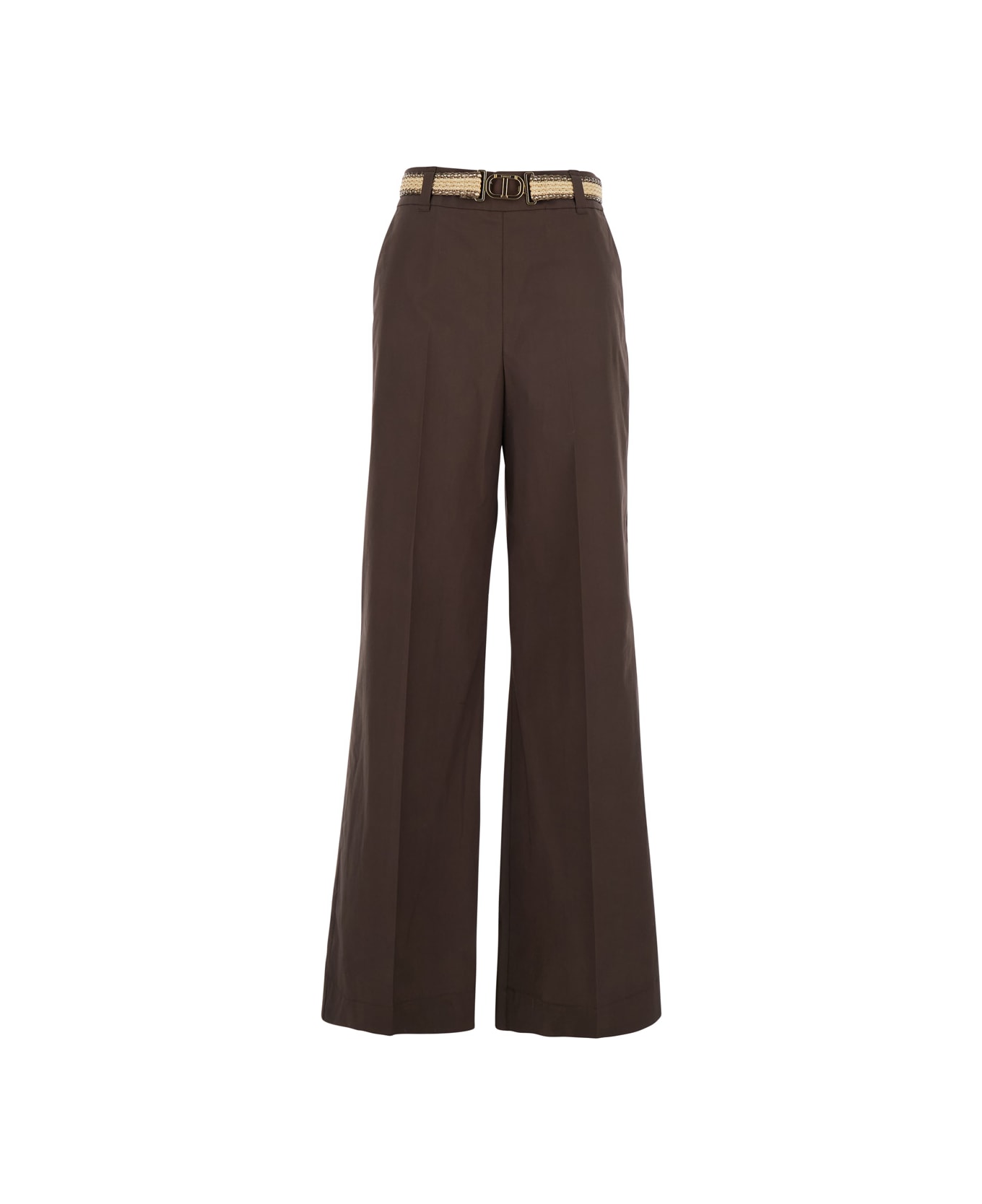 TwinSet Brown Pants With Waist Belt And Metallic Logo Plaque In Cotton Poplin Woman - Brown