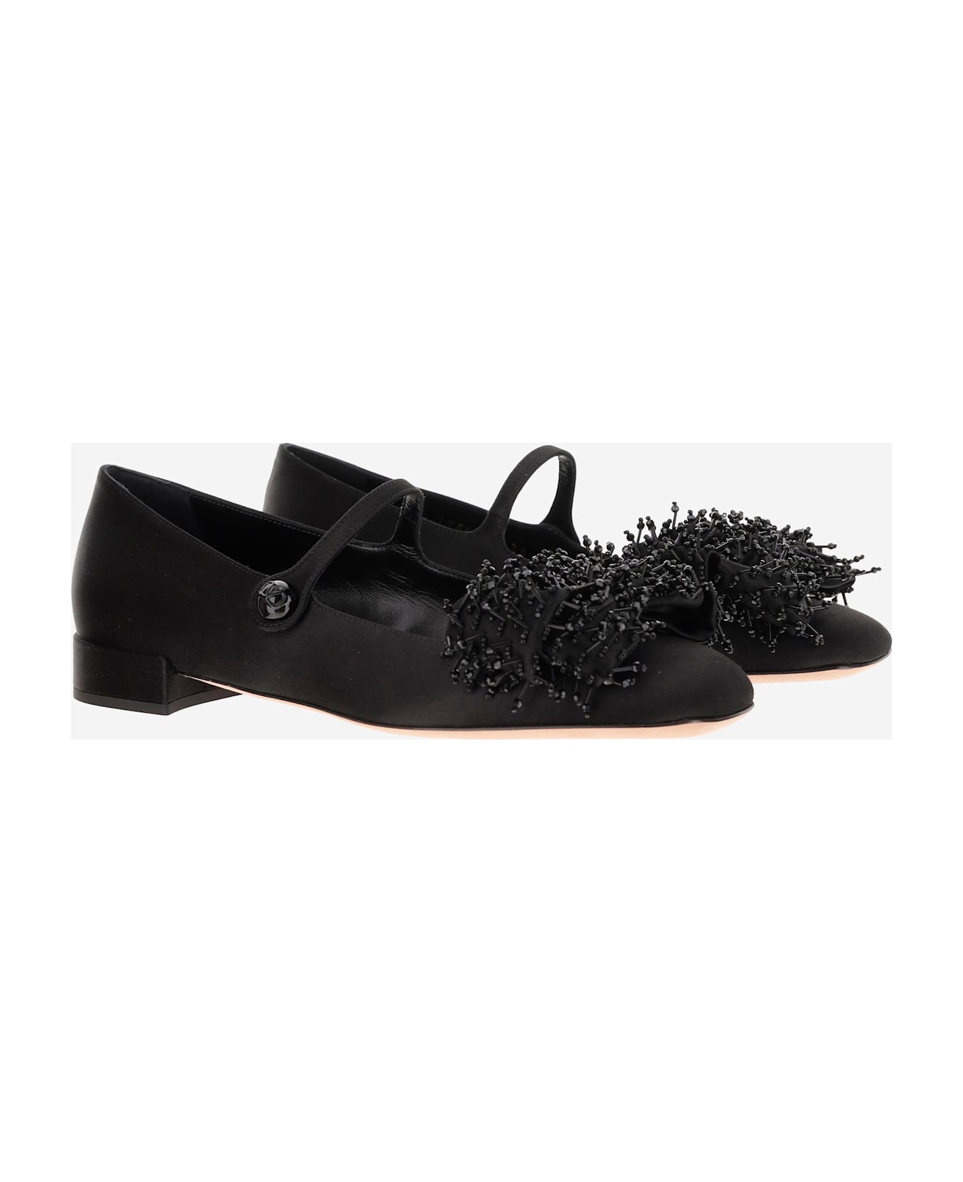 Valentino Garavani Satin Valentino Garavani Bowjane Mary-jane Ballerina With Fringed Embroidery - Black フラットシューズ