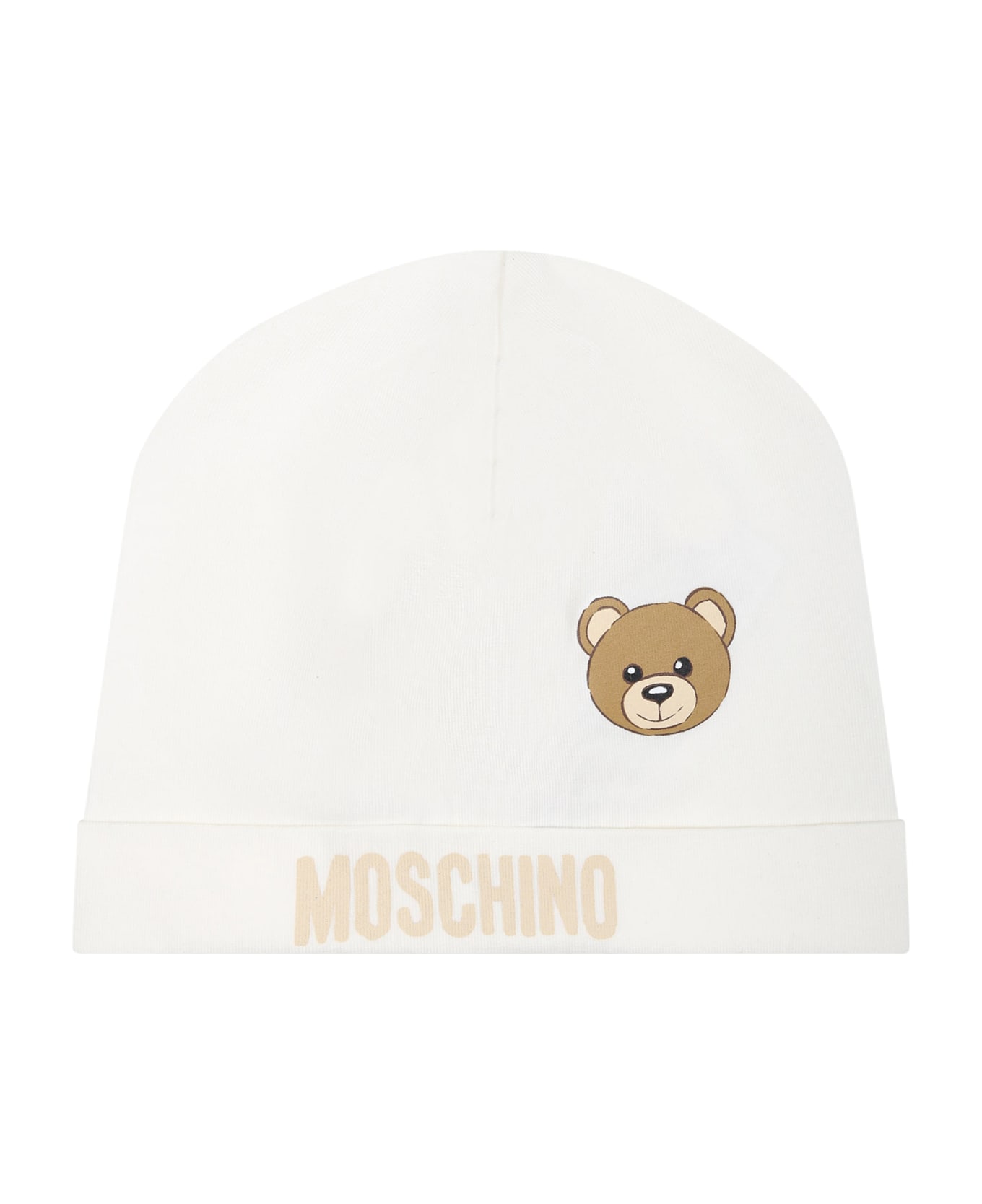Moschino White Baby Boy Hat With Logo And Teddy Bear - White