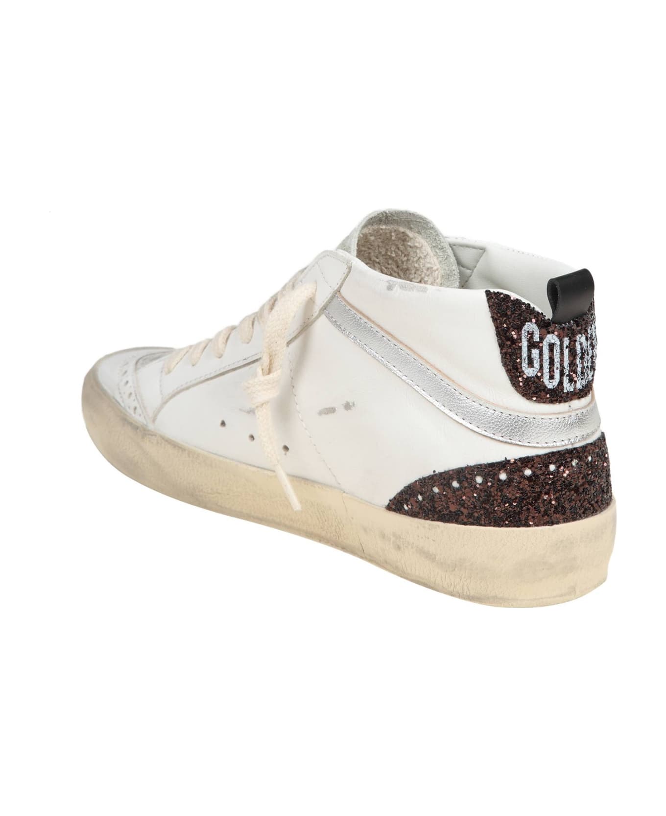 Golden Goose Mid Star In Leather And Suede With Glitter Star - White/Gold スニーカー